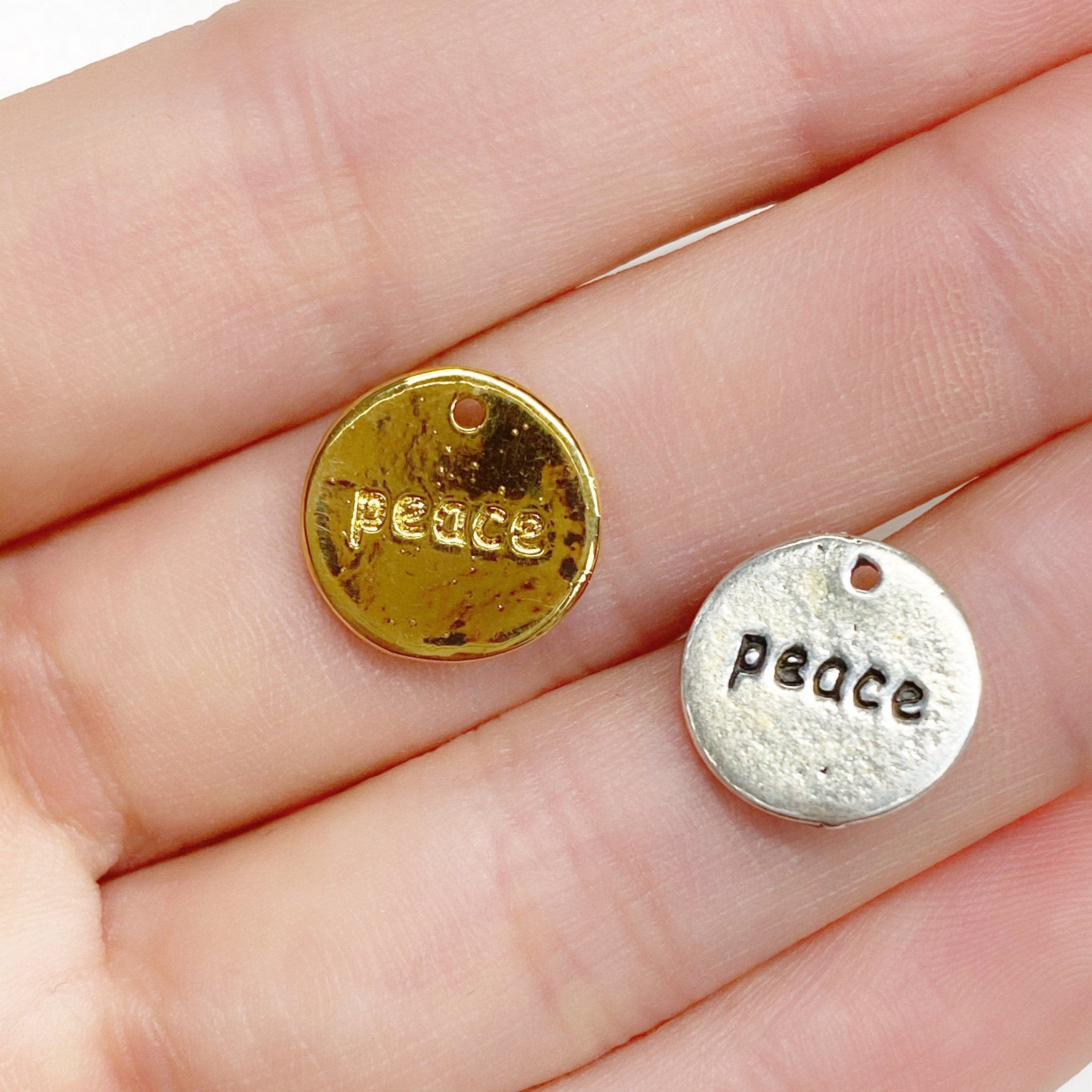 Sterling Silver or Vermeil Stamped Peace or Peace Circle Coin Charm Hippie