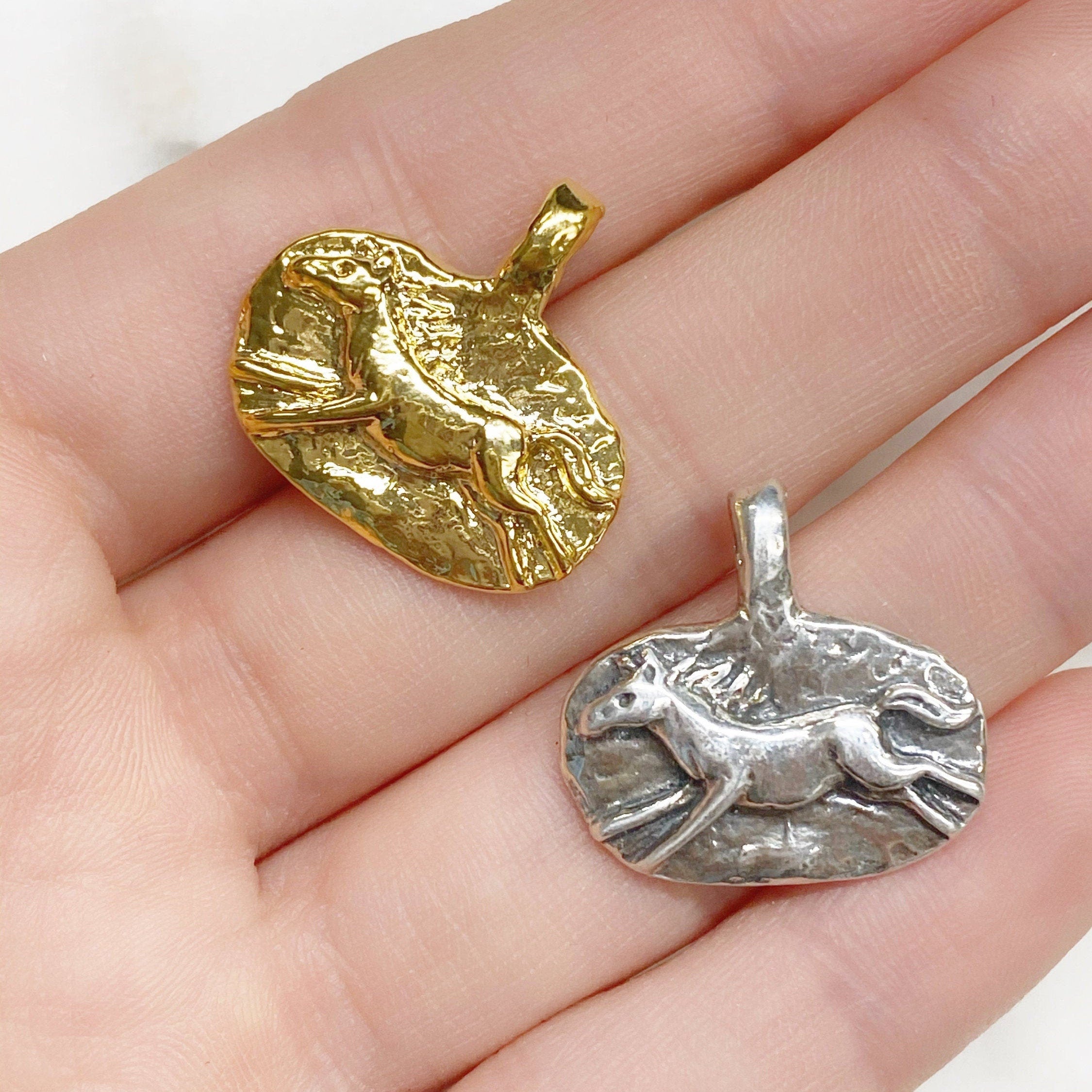 Sterling Silver or Vermeil Thick Textured Oval Pendant with Running Horse Good