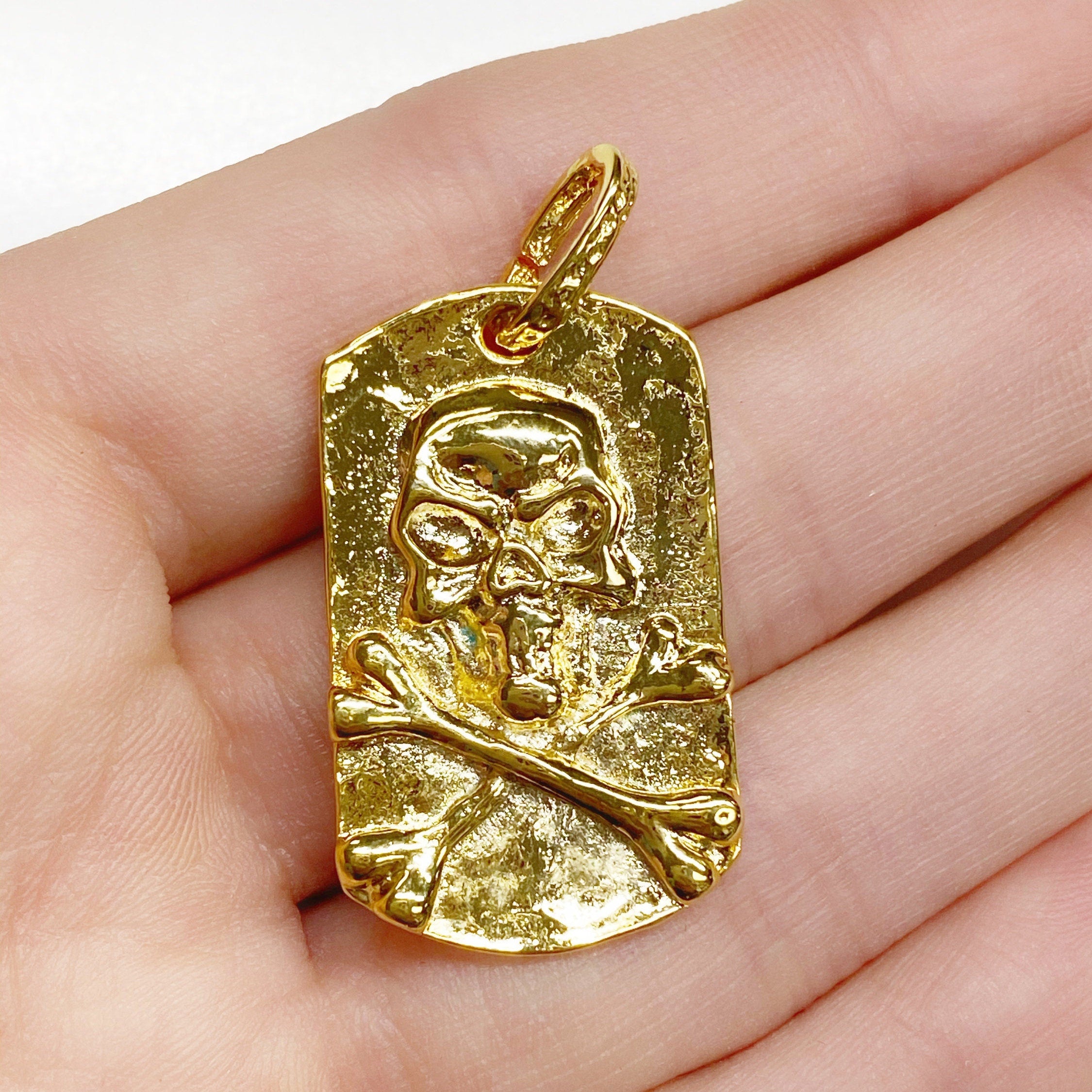 Vermeil Skull Hammered Pendant Charm Gold Skull Pirate RIP