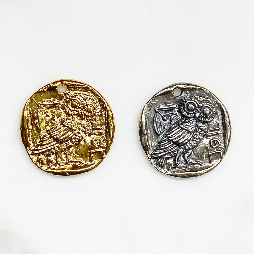 25mm Sterling Silver or Vermeil Raised Owl Coin Medallion Pendant