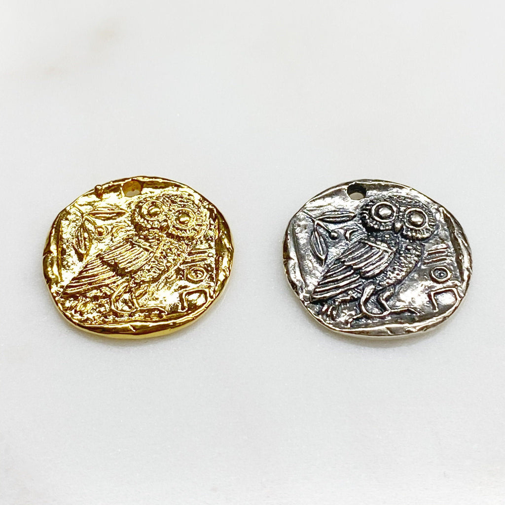 25mm Sterling Silver or Vermeil Raised Owl Coin Medallion Pendant