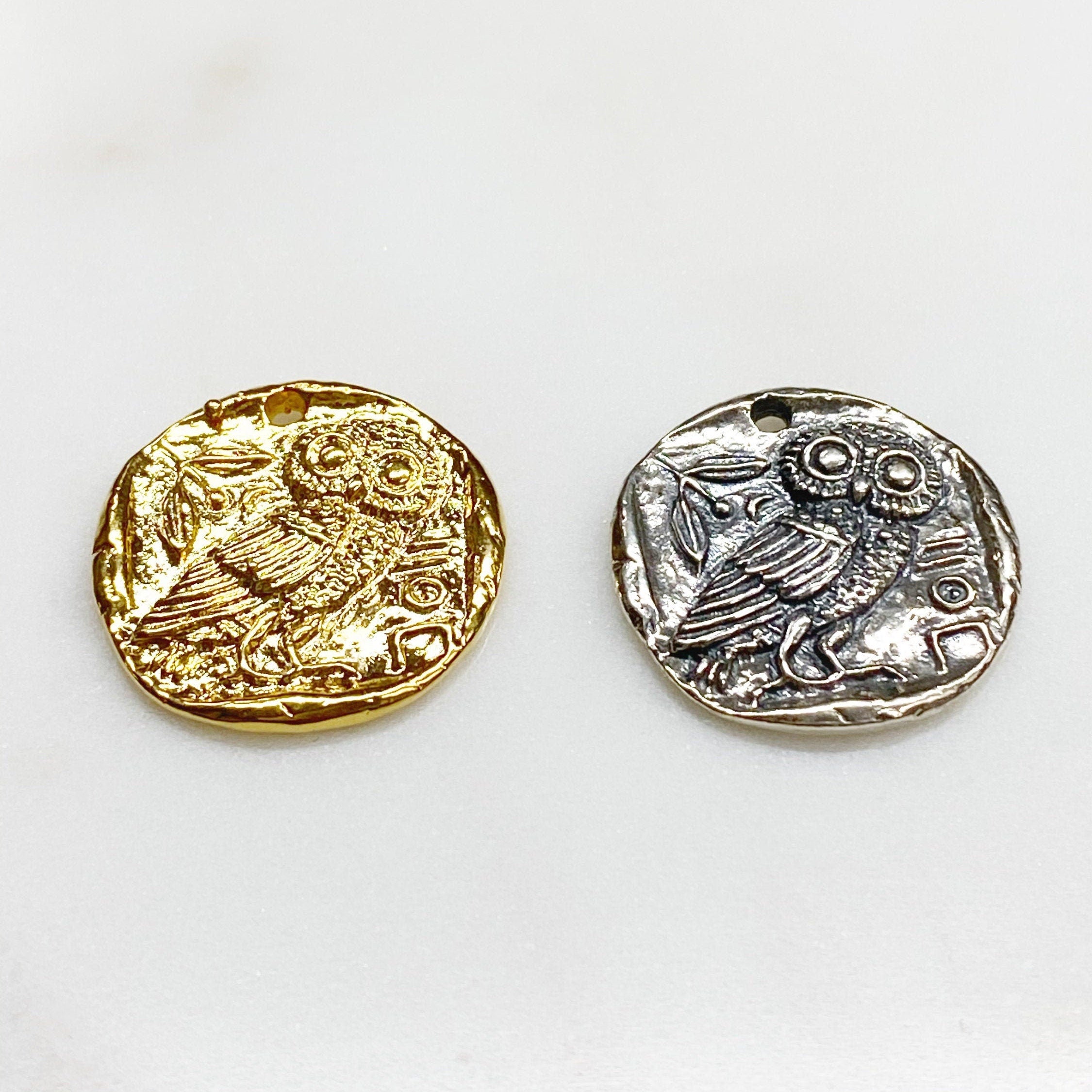 25mm Sterling Silver or Vermeil Raised Owl Coin Medallion Pendant