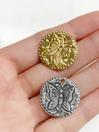 21mm Sterling Silver or Vermeil Stamped Butterfly Coin Medallion Pendant
