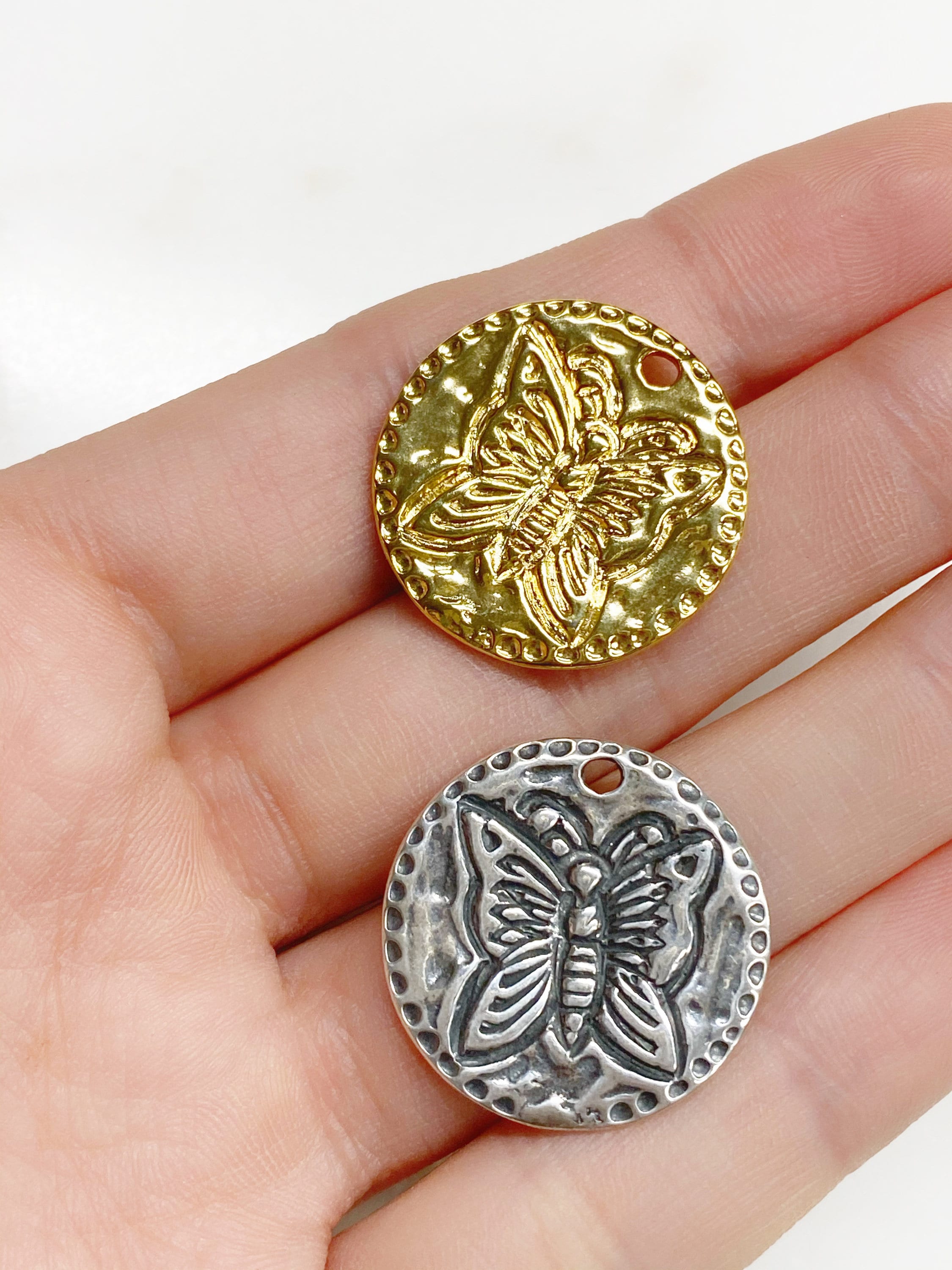 21mm Sterling Silver or Vermeil Stamped Butterfly Coin Medallion Pendant