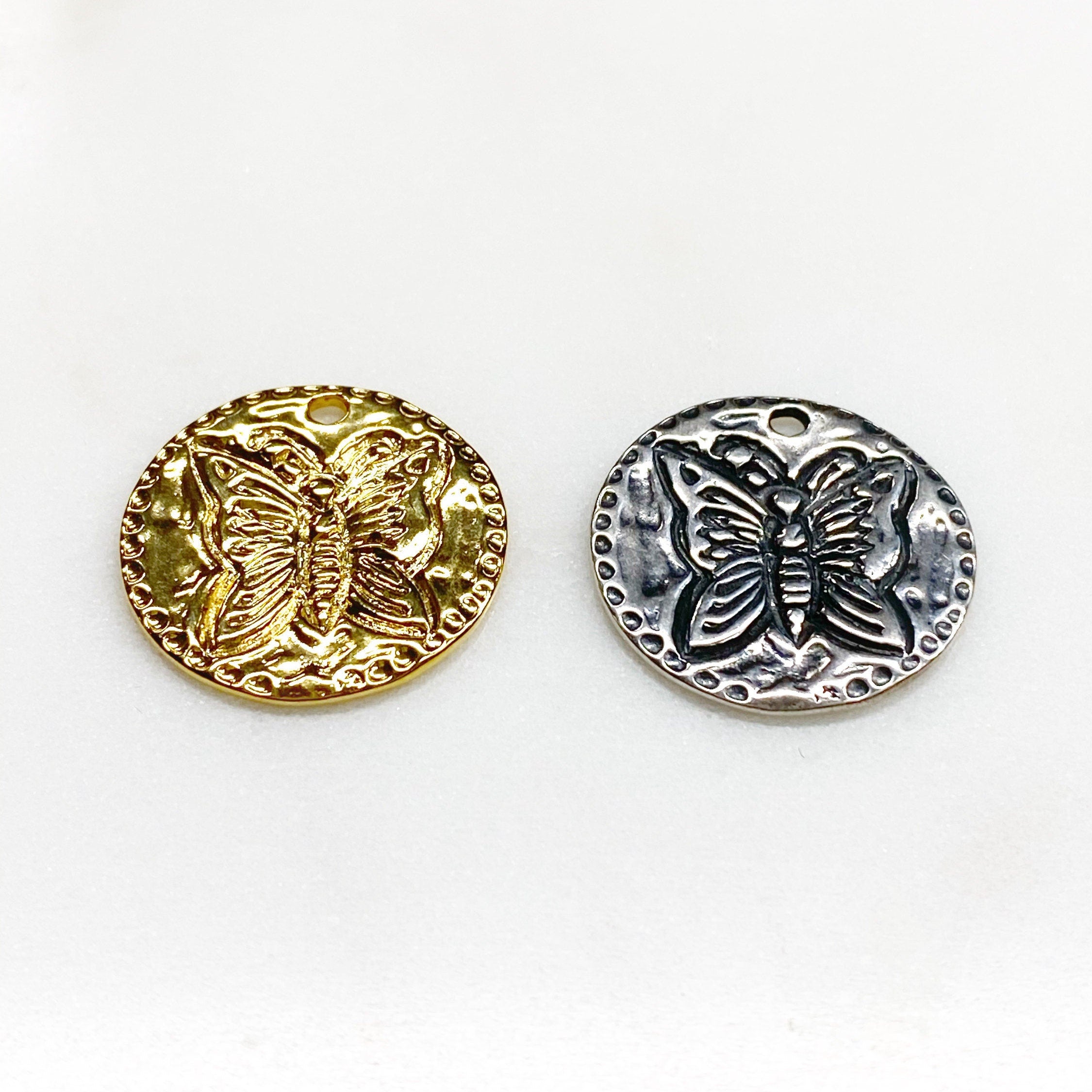 21mm Sterling Silver or Vermeil Stamped Butterfly Coin Medallion Pendant
