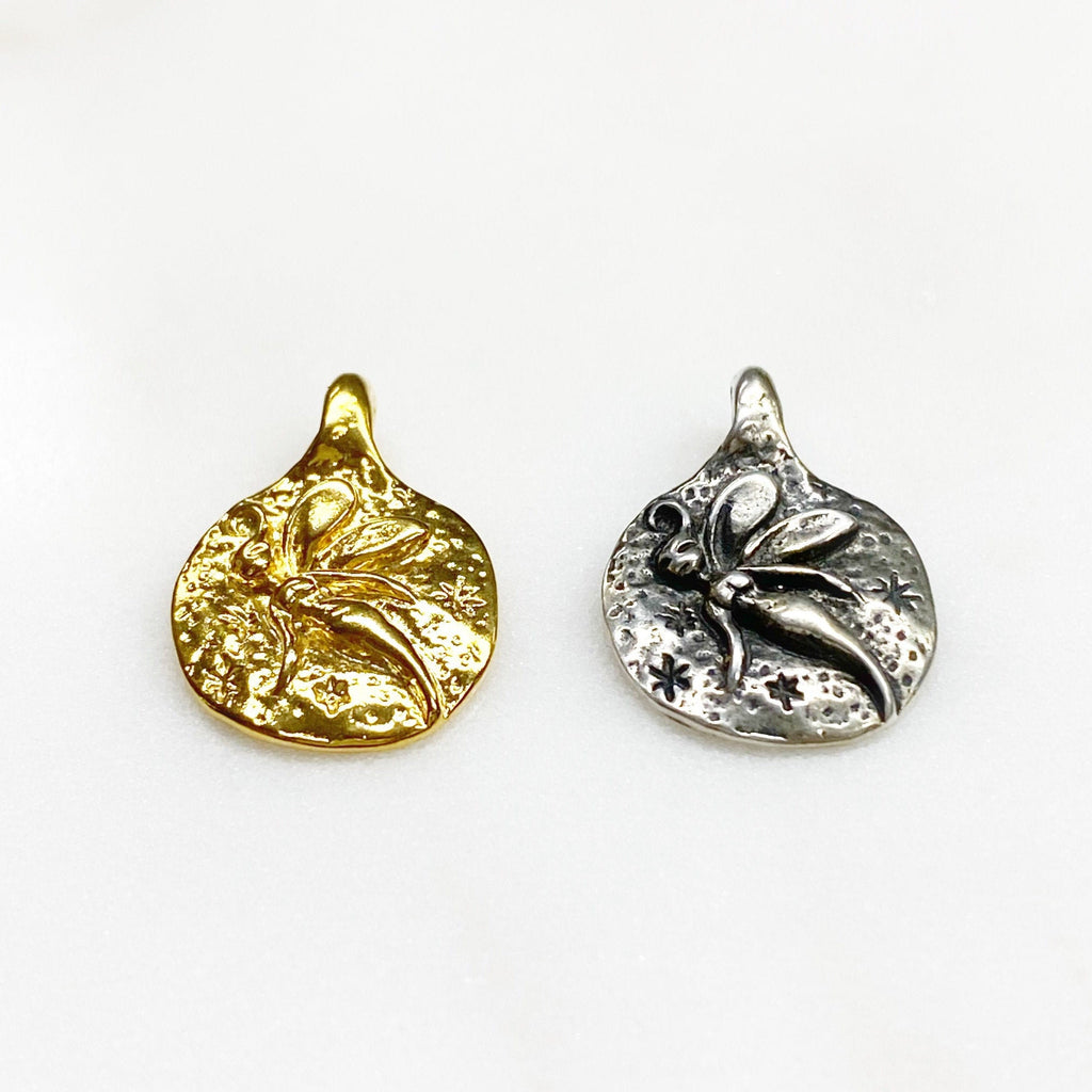 Sterling Silver or Vermeil or Round Raised Flying Fairy Pixie Circle Disk