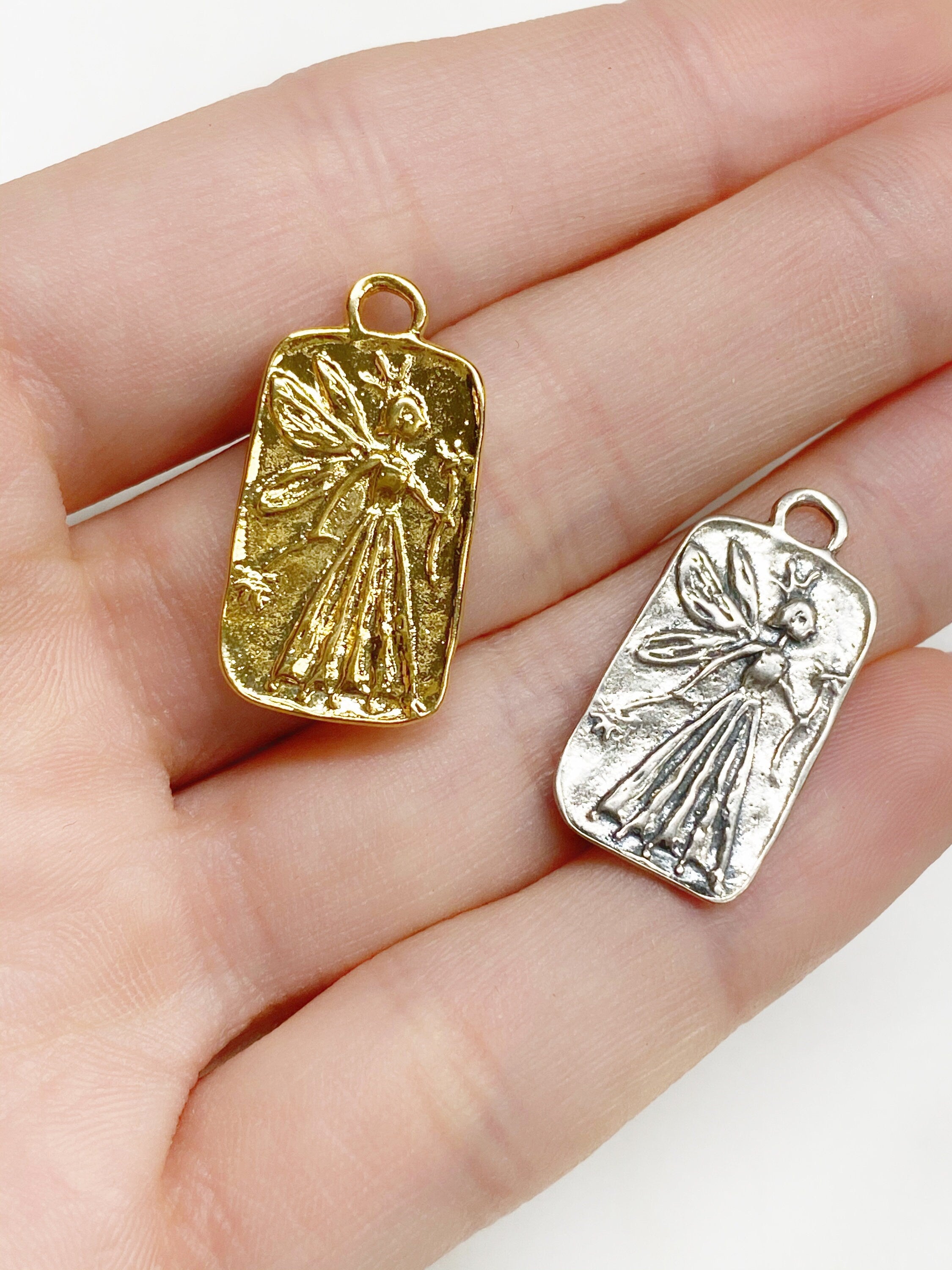 Sterling Silver or Vermeil or Long Rectangular Fairy Pendant Fantasy Stolen