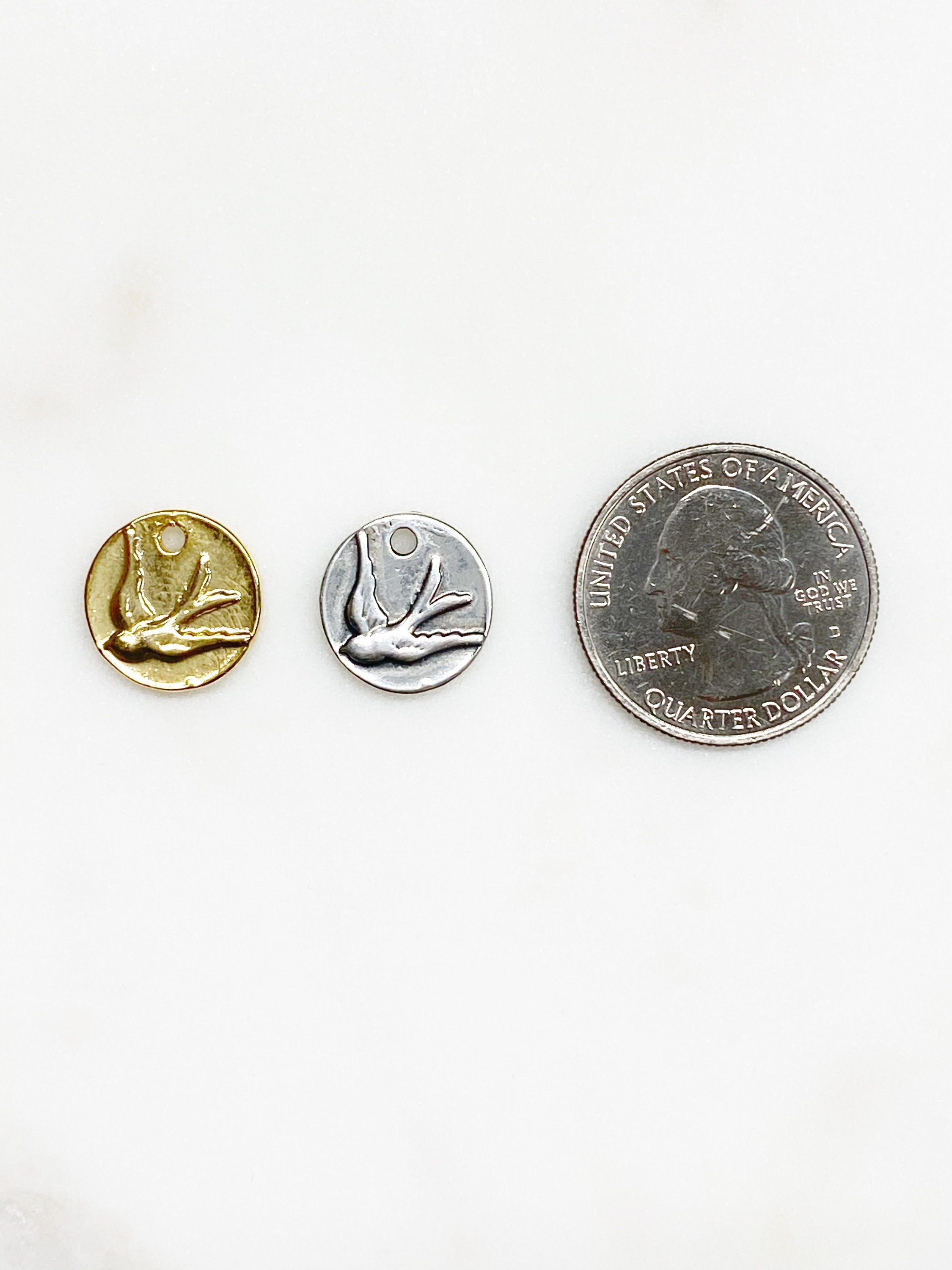 14mm Sterling Silver or Vermeil Thick Raised Bird Sparrow Coin Medallion