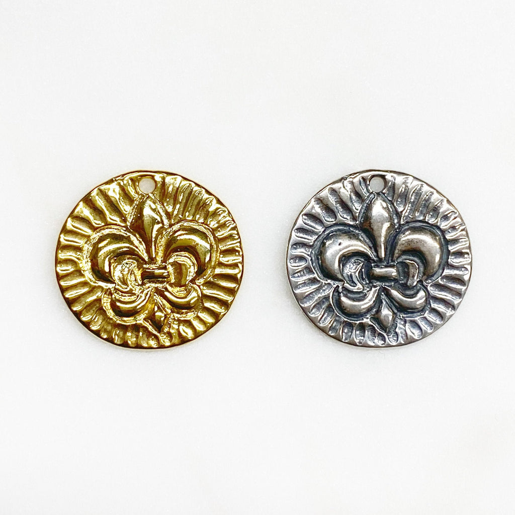 22mm Sterling Silver or Vermeil Etched or Fleur De Lis Double Sided Coin – Antique Silver