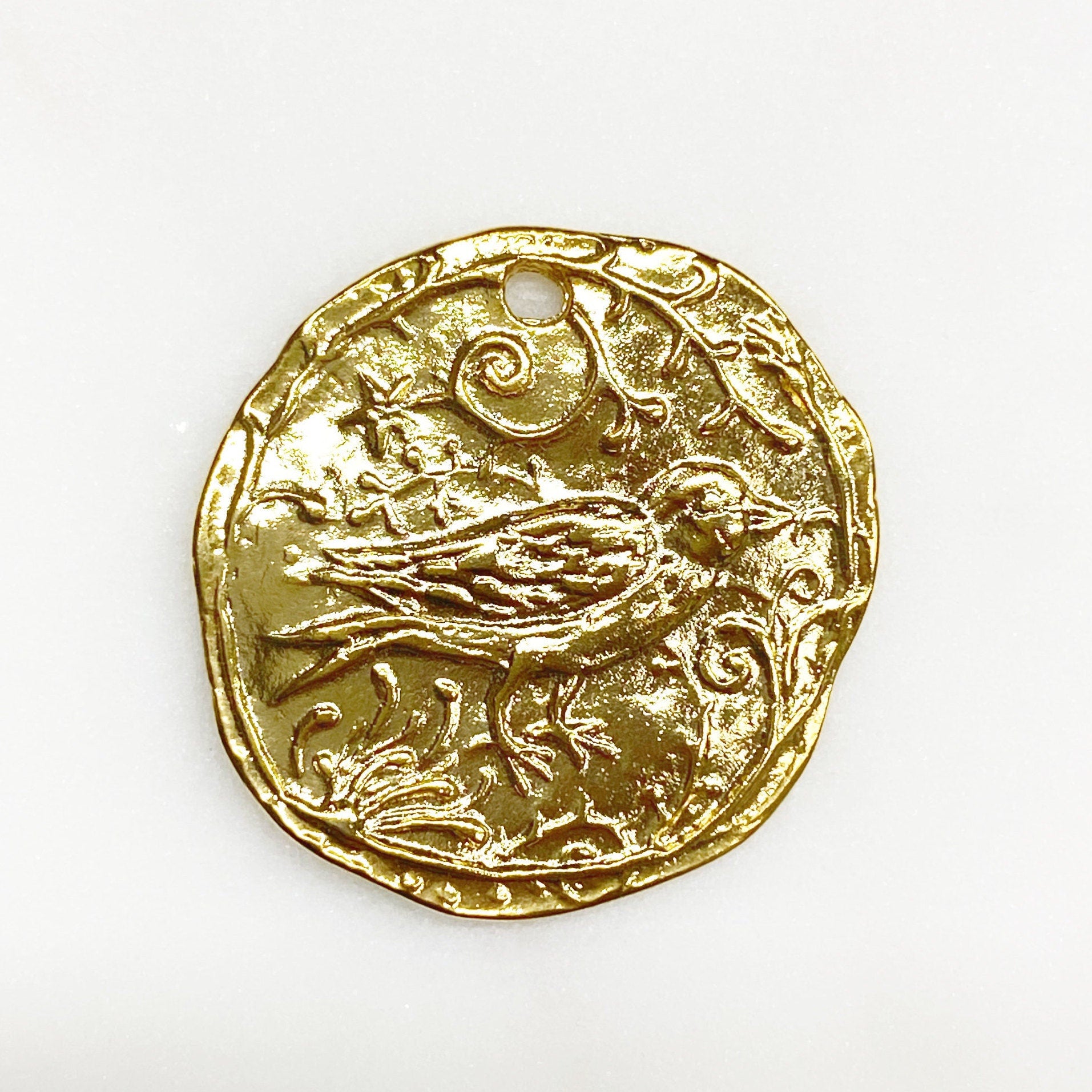 26mm Vermeil Detailed Bird Charm Bird Animal Textured Coin Charm