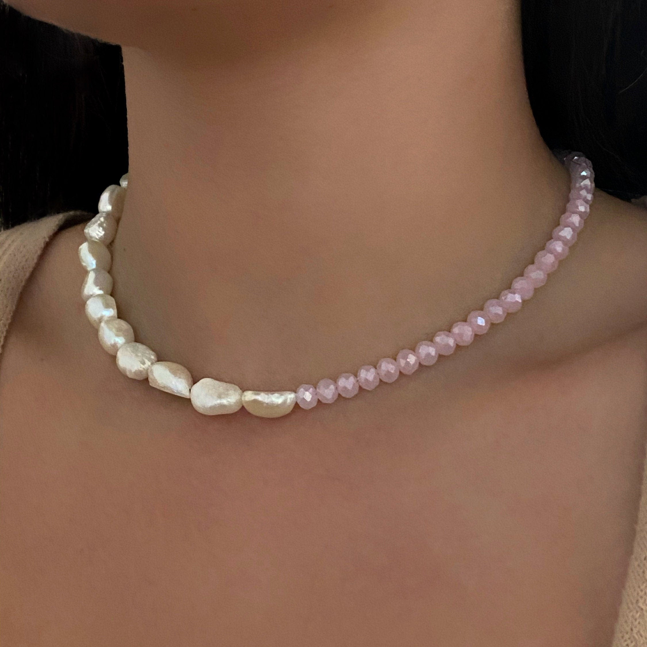 Half & Half Crystal Pearl Charm Necklace Shimmering