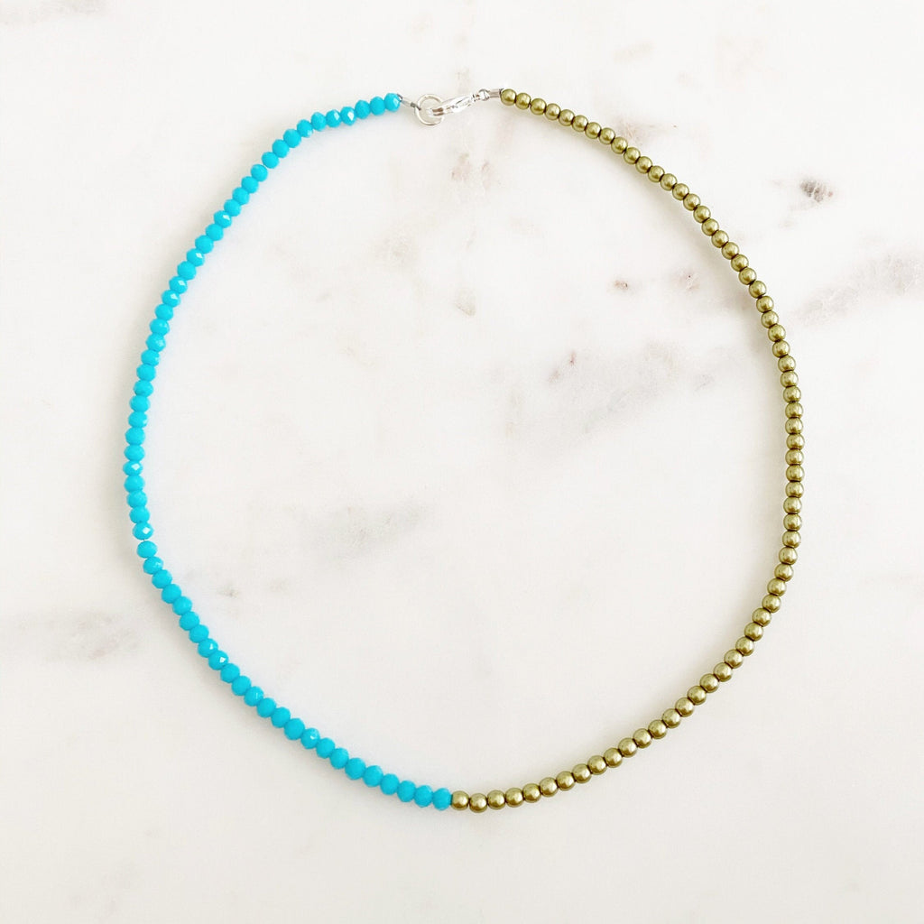 Half & Half Blue Green Crystal Pearl Charm Necklace