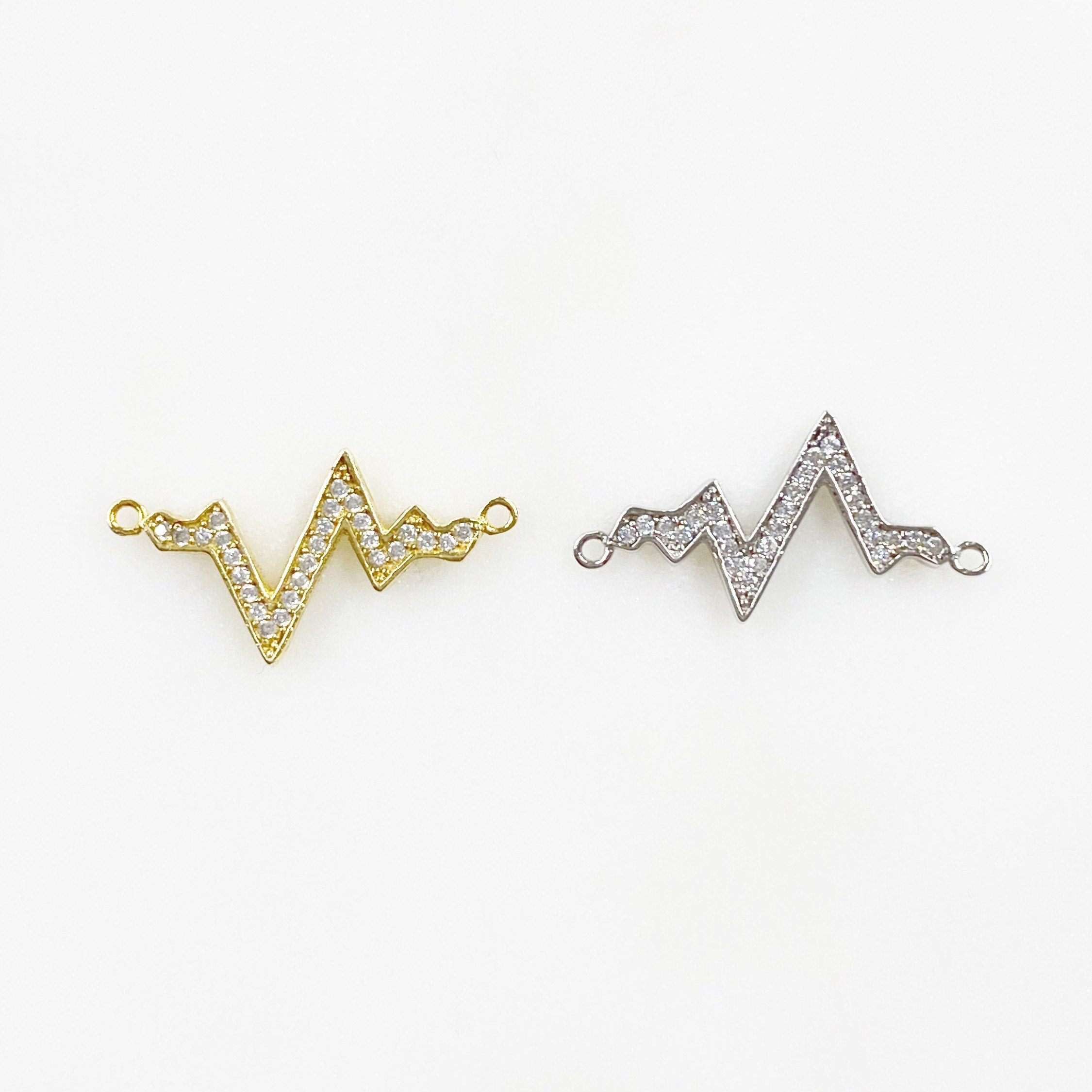 Sterling Silver or Vermeil Heartbeat Wave or Charm Cubic Zirconia Heart