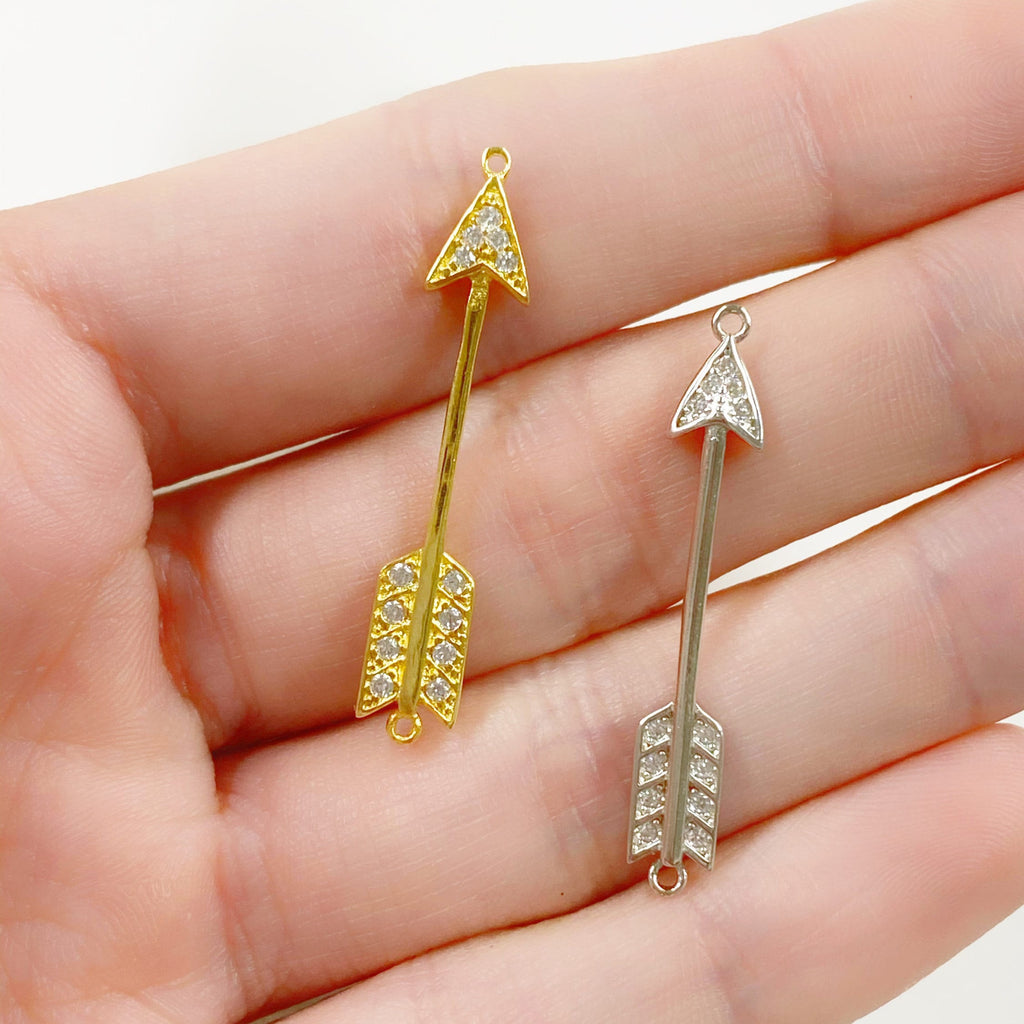 Sterling Silver or Vermeil Arrow Bar Double Loop Charm or Cubic Zirconia