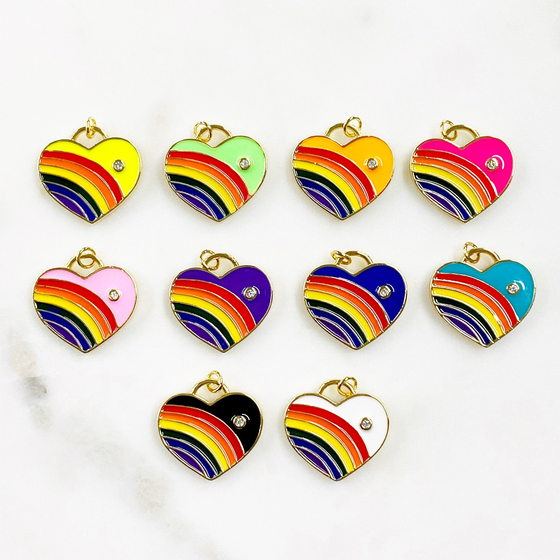 Gold Plated Rainbow Heart Charm Enamel CZ Colorful Heart