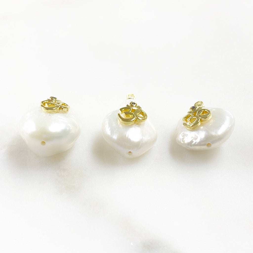 Gold Plated Freshwater Blue Cubic Zirconia Center Ohm Om Pearl