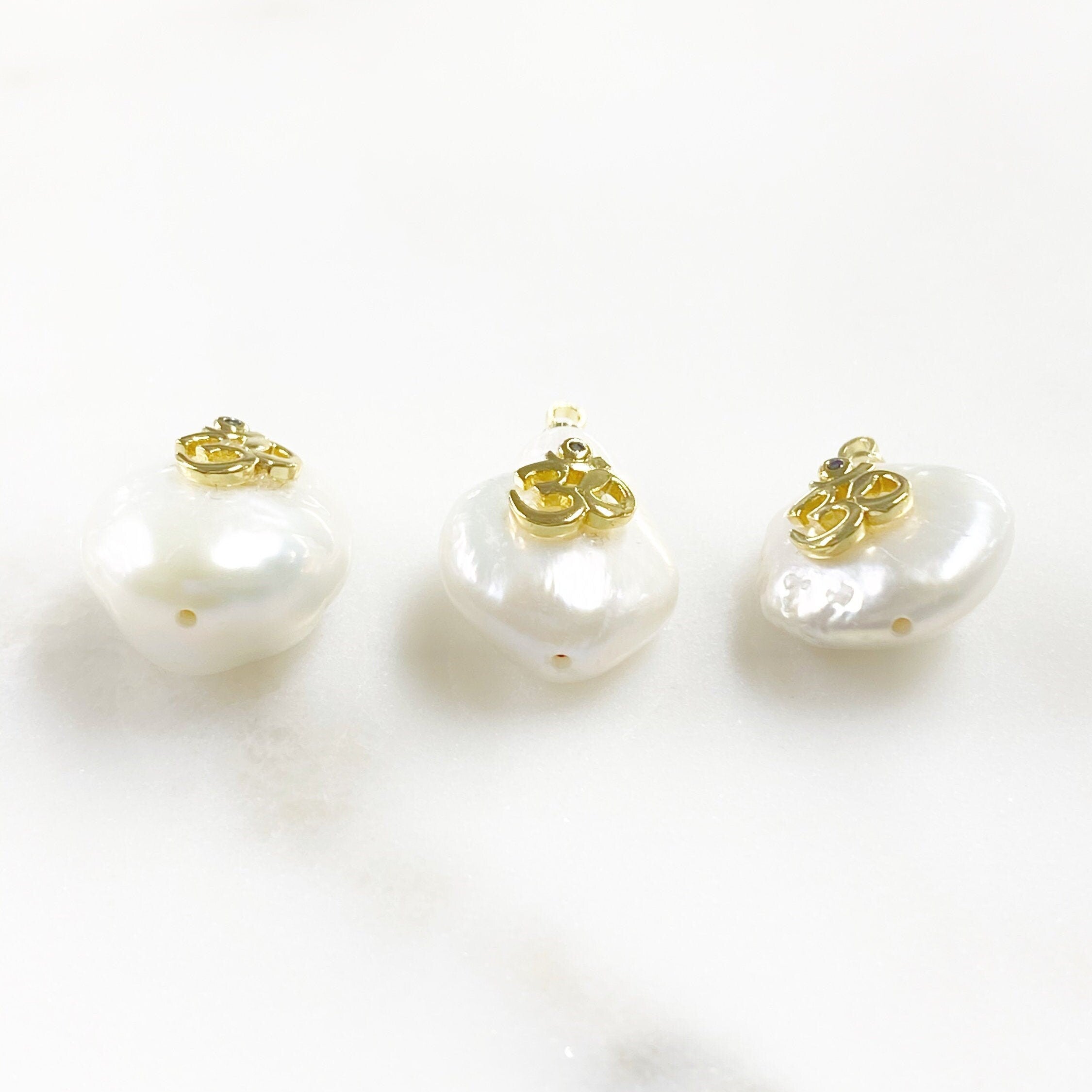 Gold Plated Freshwater Blue Cubic Zirconia Center Ohm Om Pearl