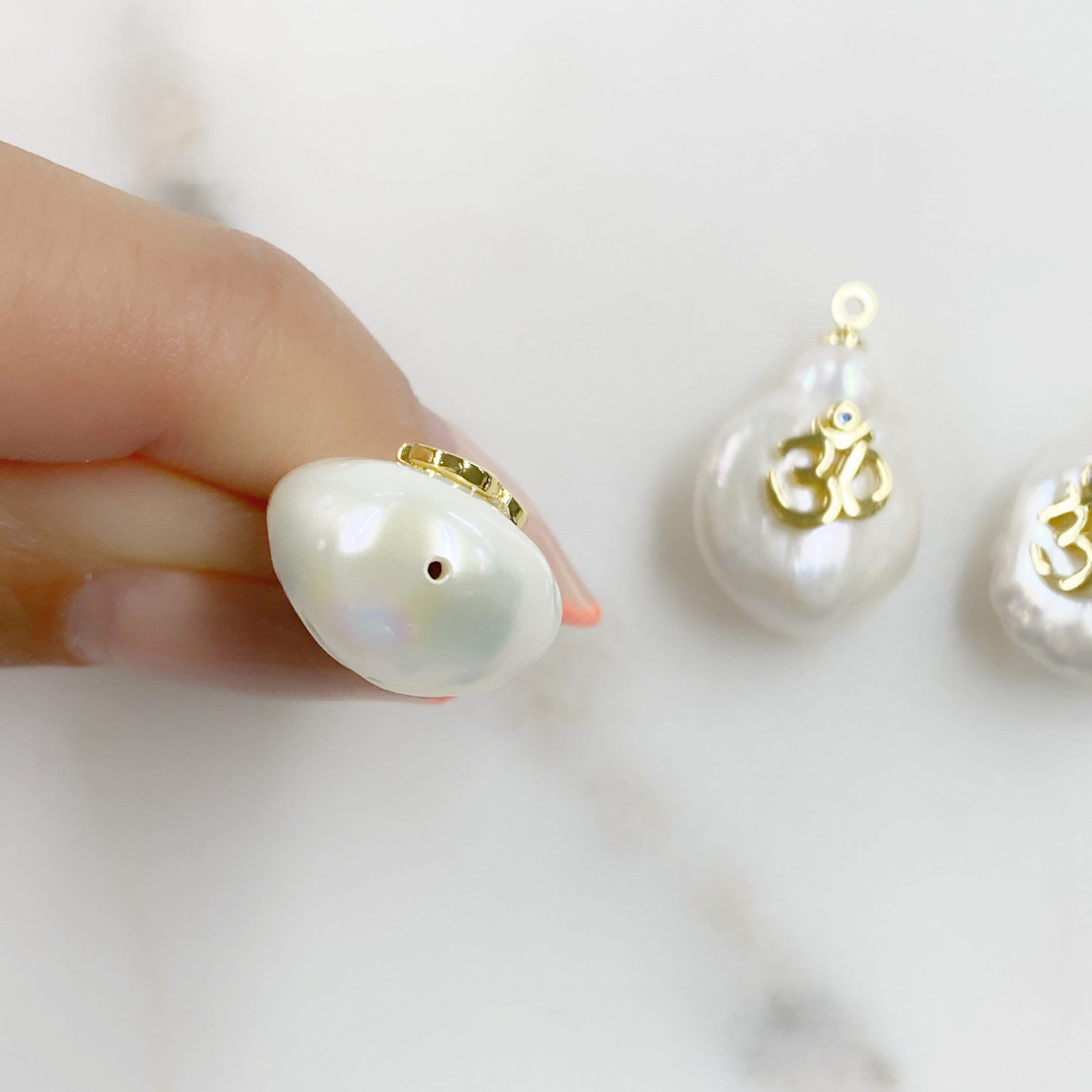 Gold Plated Freshwater Blue Cubic Zirconia Center Ohm Om Pearl