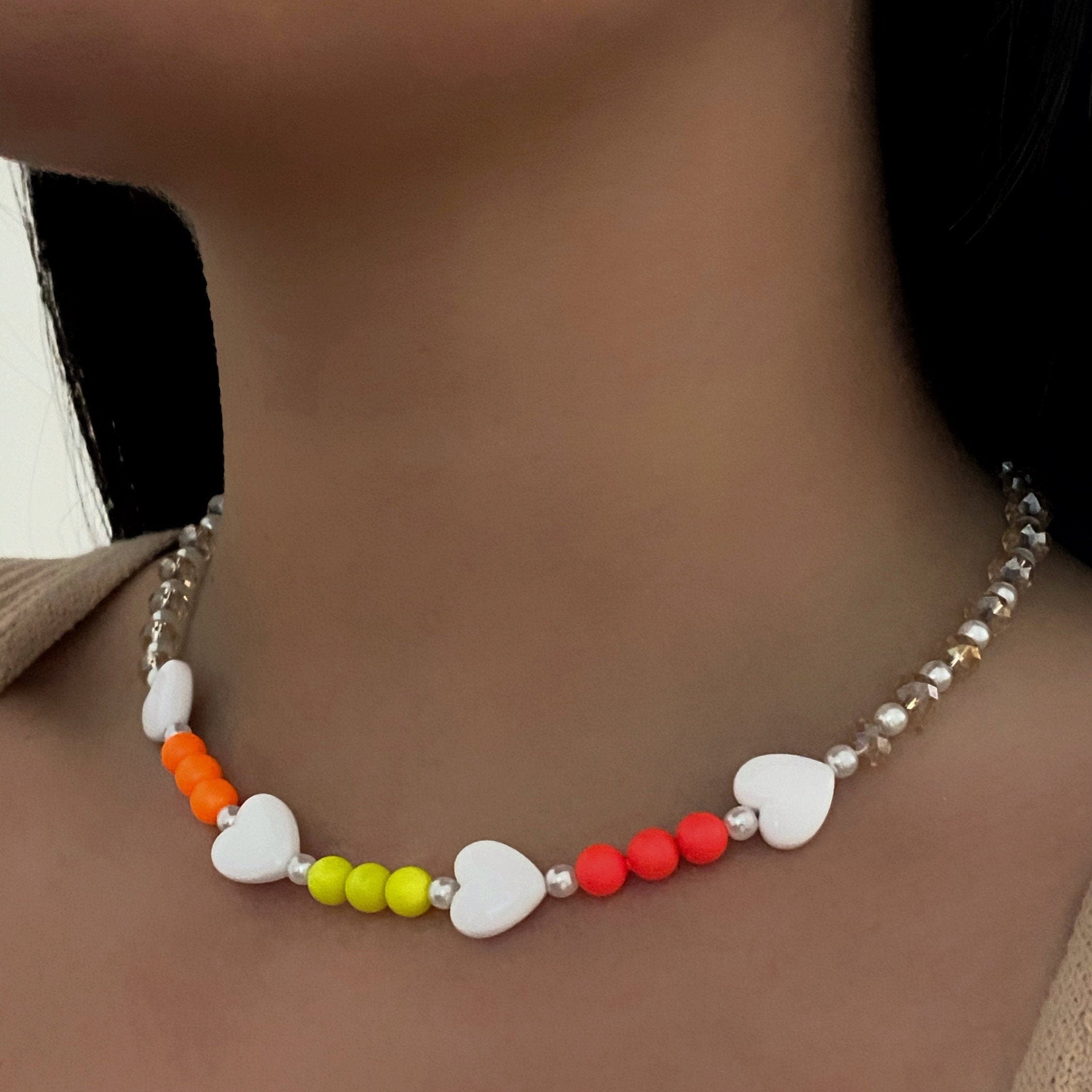 Love Me Neon Charm Necklace Heart Beaded Crystal Pearl