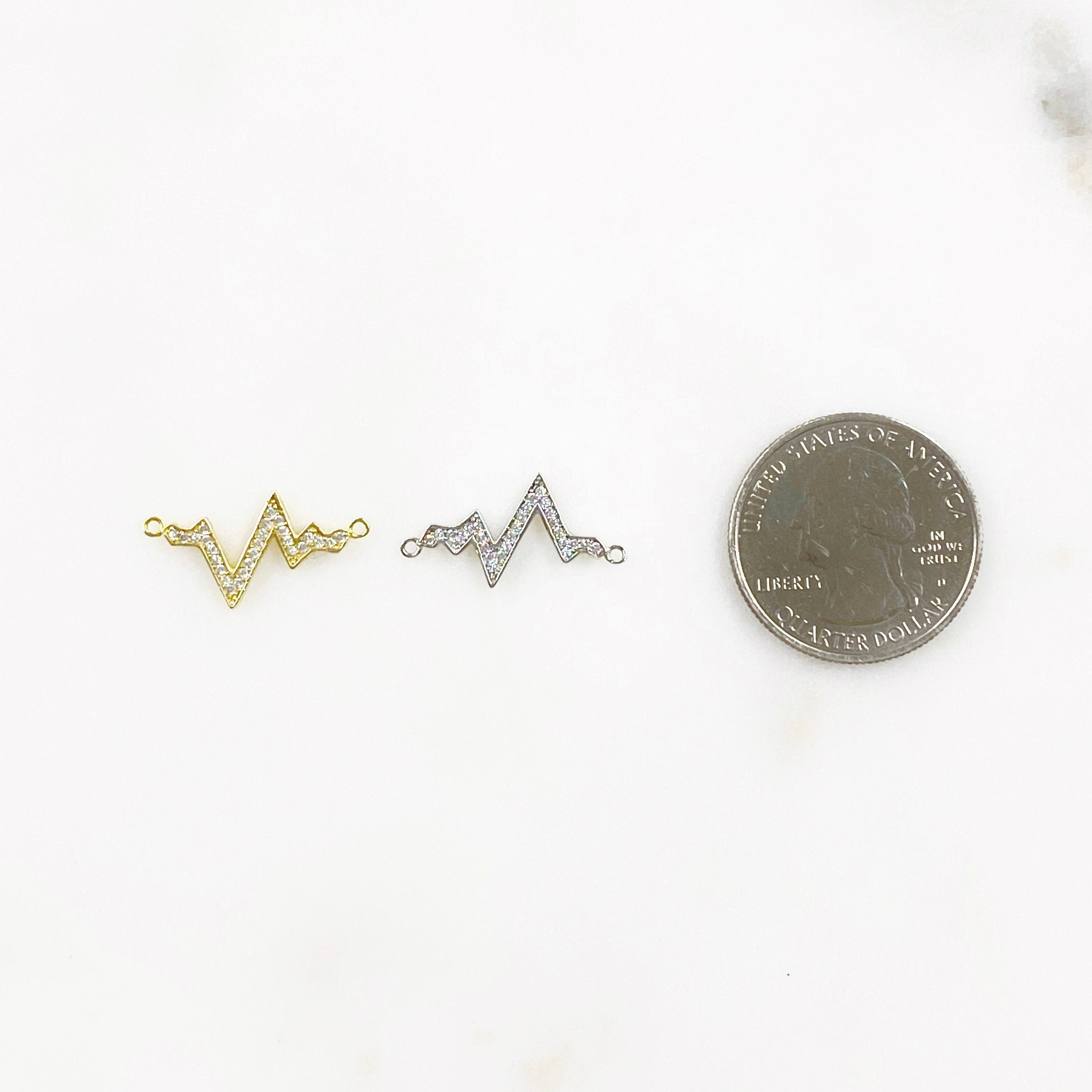Sterling Silver or Vermeil Heartbeat Wave or Charm Cubic Zirconia Heart