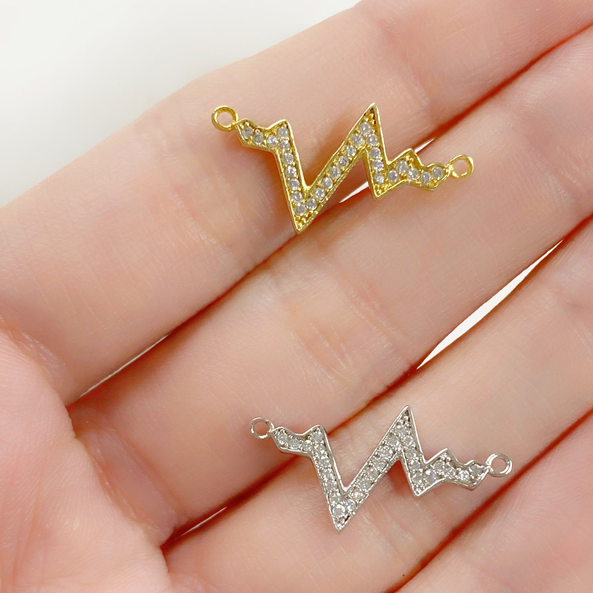 Sterling Silver or Vermeil Heartbeat Wave or Charm Cubic Zirconia Heart