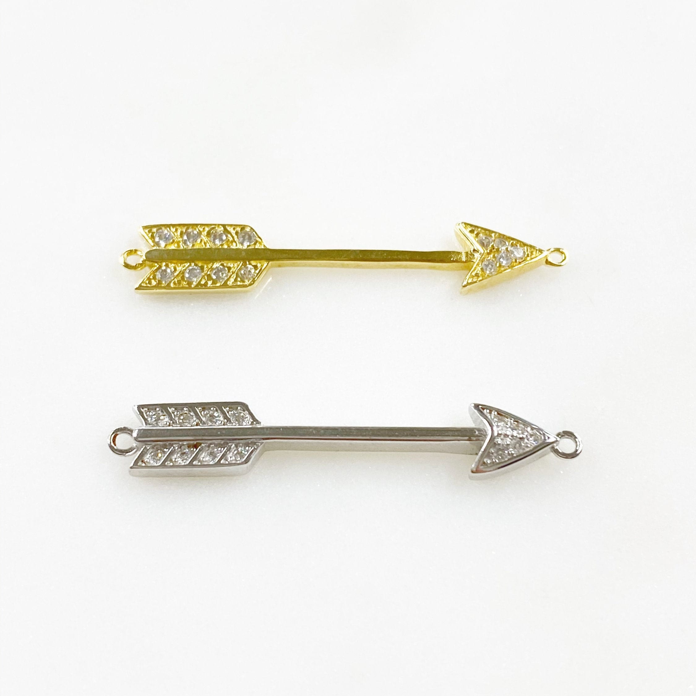 Sterling Silver or Vermeil Arrow Bar Double Loop Charm or Cubic Zirconia