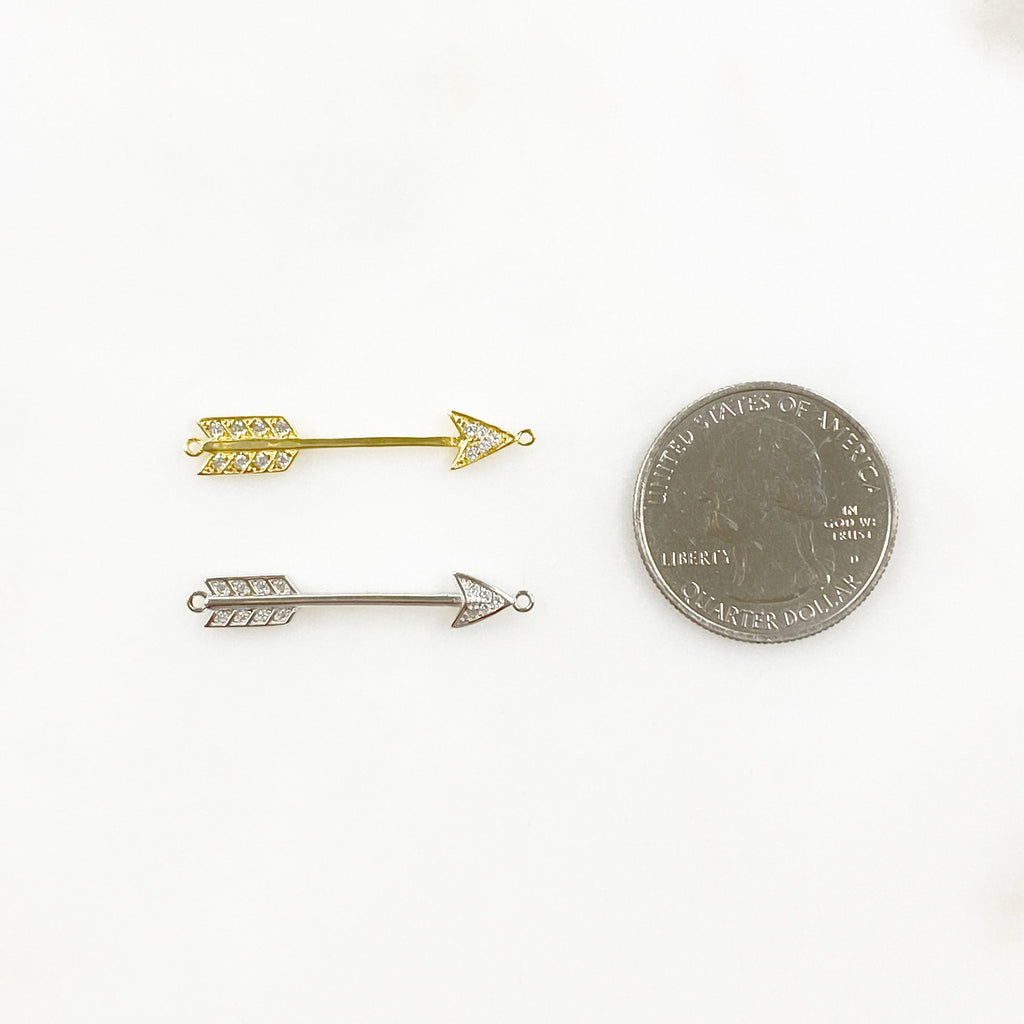 Sterling Silver or Vermeil Arrow Bar Double Loop Charm or Cubic Zirconia