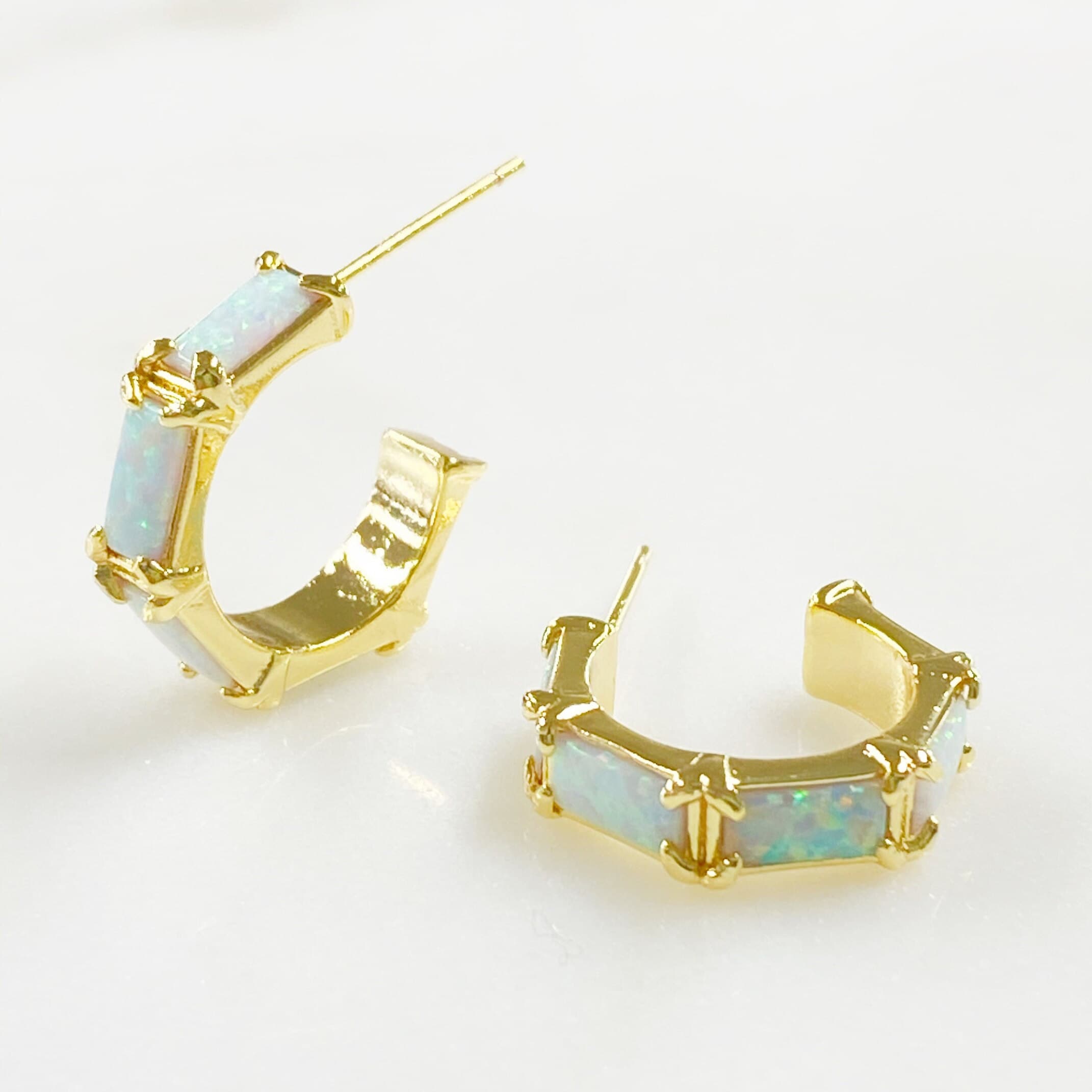 Gold Plated White Opal Gem Hoop Earrings Opal Half Hoops Ready (2pc)