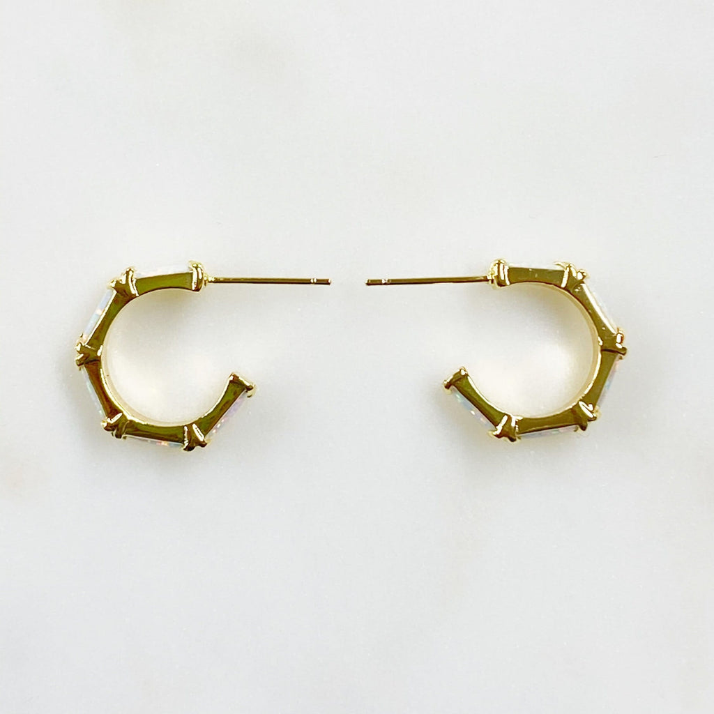 Gold Plated White Opal Gem Hoop Earrings Opal Half Hoops Ready (2pc)