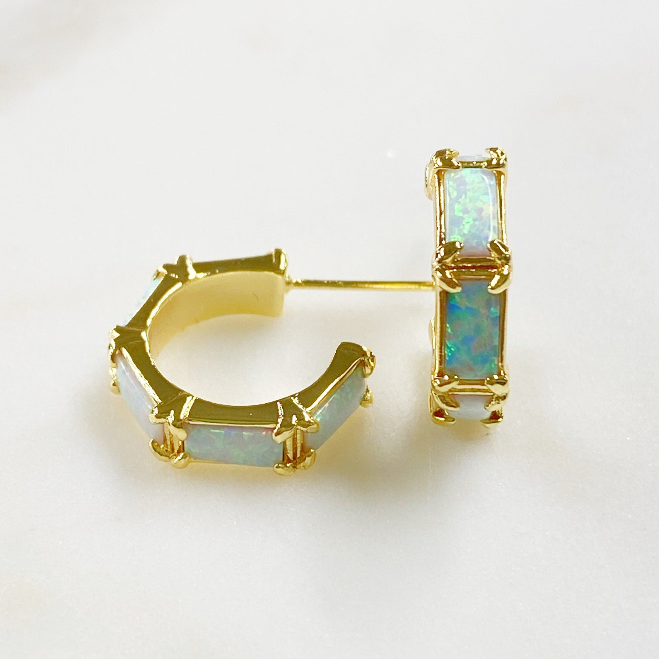 Gold Plated White Opal Gem Hoop Earrings Opal Half Hoops Ready (2pc)