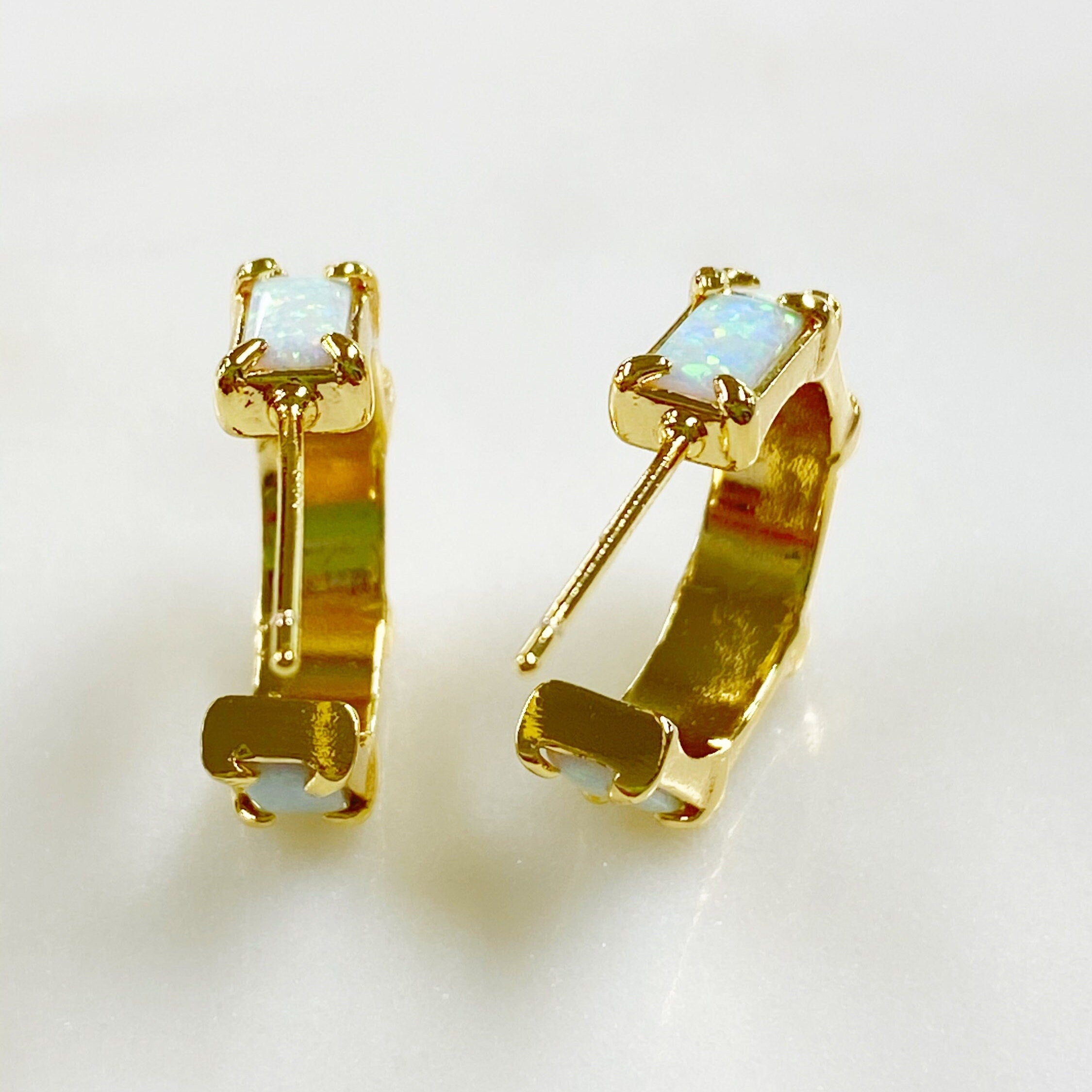 Gold Plated White Opal Gem Hoop Earrings Opal Half Hoops Ready (2pc)
