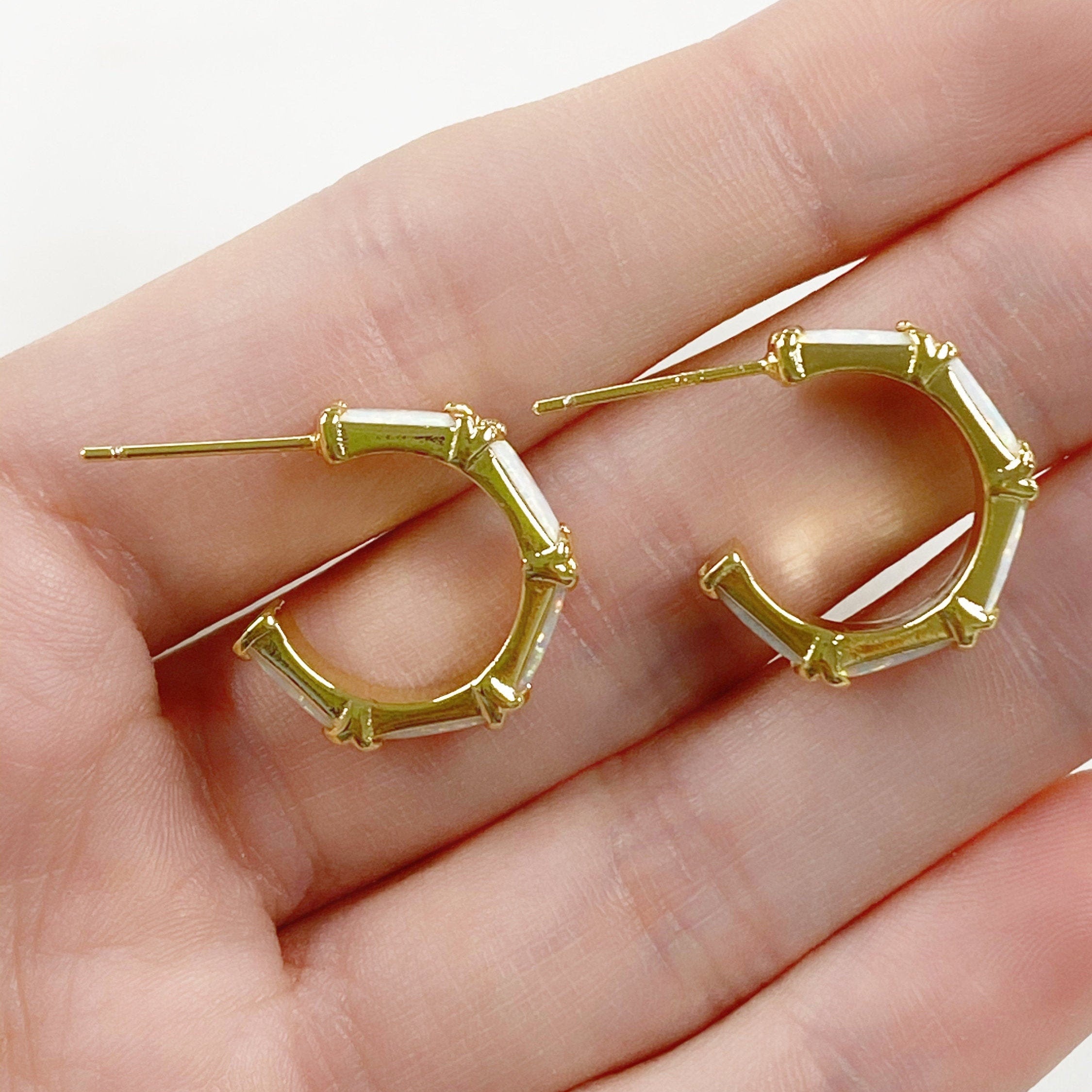 Gold Plated White Opal Gem Hoop Earrings Opal Half Hoops Ready (2pc)