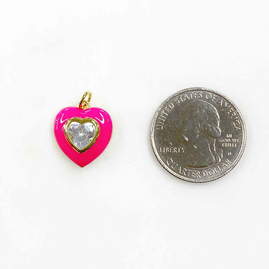 Gold Plated Heart Charm Enamel Charm with Large CZ Center Stone