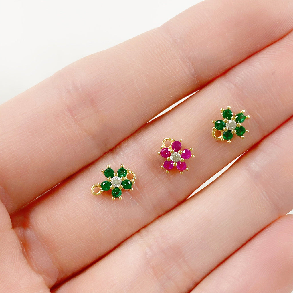 Gold Plated Tiny Cubic Zirconia Pavé Green or Ruby Flower Charm