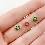 Gold Plated Tiny Cubic Zirconia Pavé Green or Ruby Flower Charm