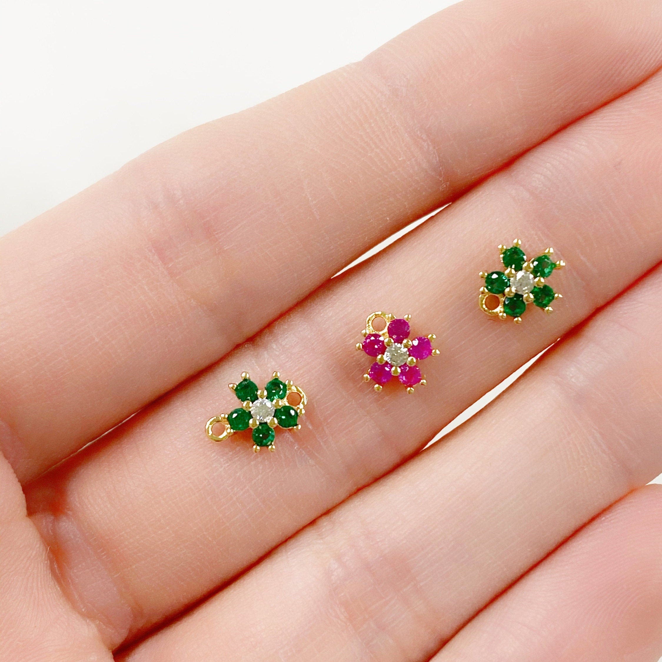 Gold Plated Tiny Cubic Zirconia Pavé Green or Ruby Flower Charm