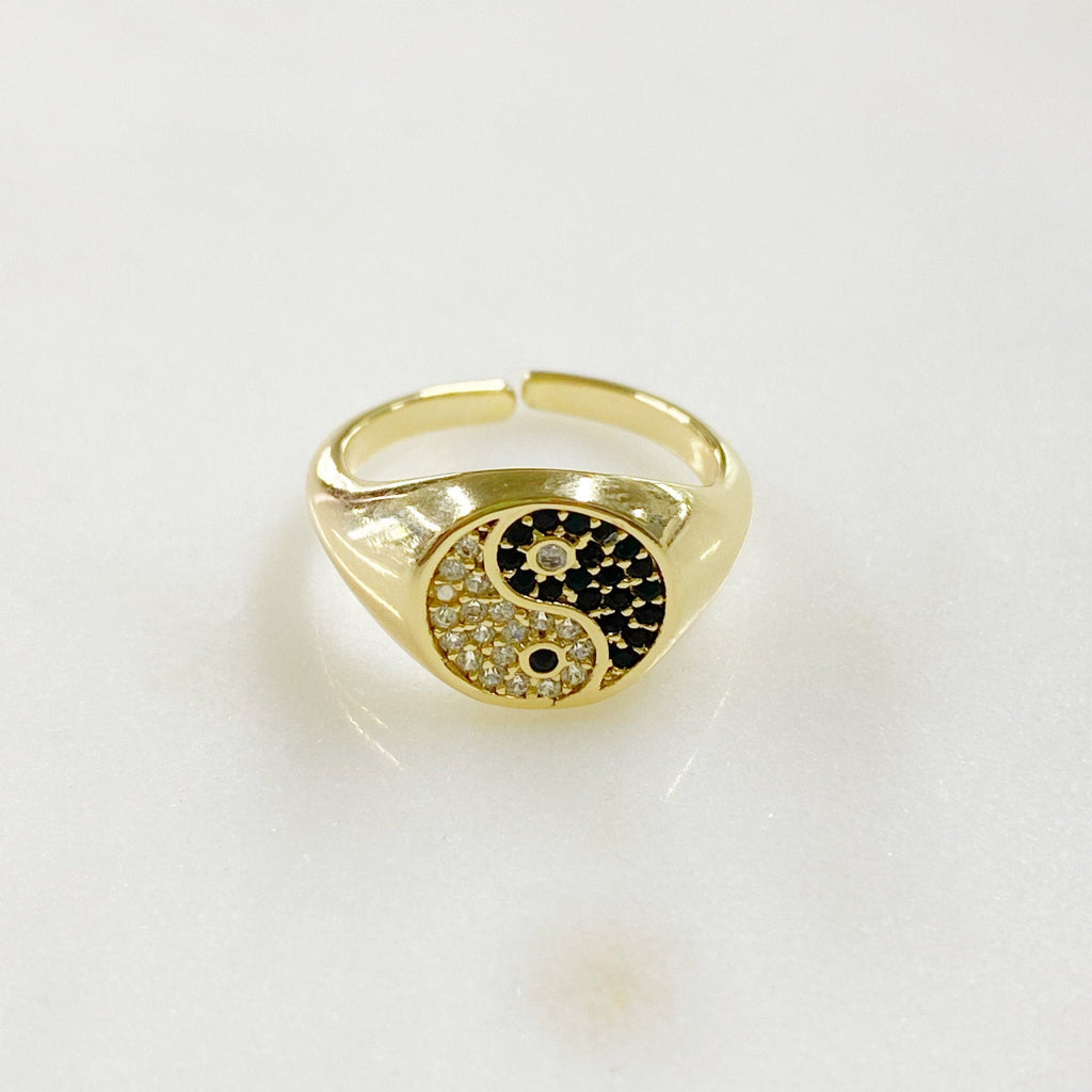 Gold Plated Adjustable Yin and Yang Gold Ring Ready to Wear CZ Pavé