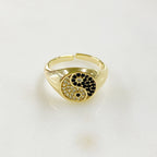 Gold Plated Adjustable Yin and Yang Gold Ring Ready to Wear CZ Pavé