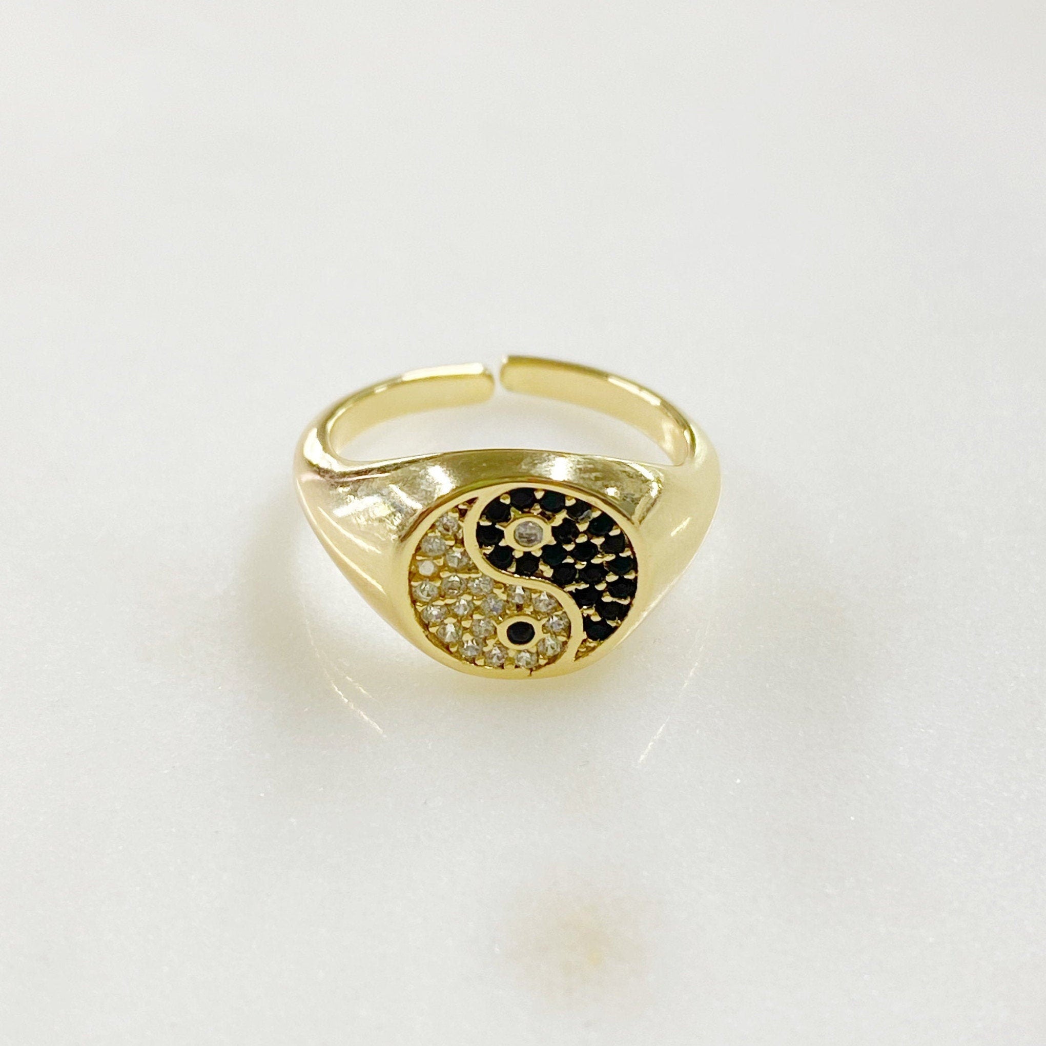 Gold Plated Adjustable Yin and Yang Gold Ring Ready to Wear CZ Pavé