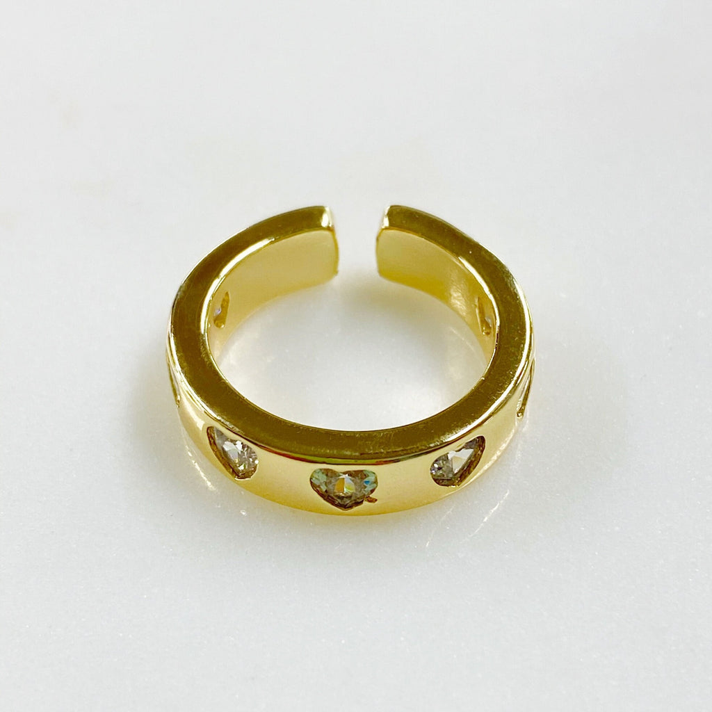 Gold Plated Adjustable Thick Gold Heart Ring Ready to Wear CZ Pavé