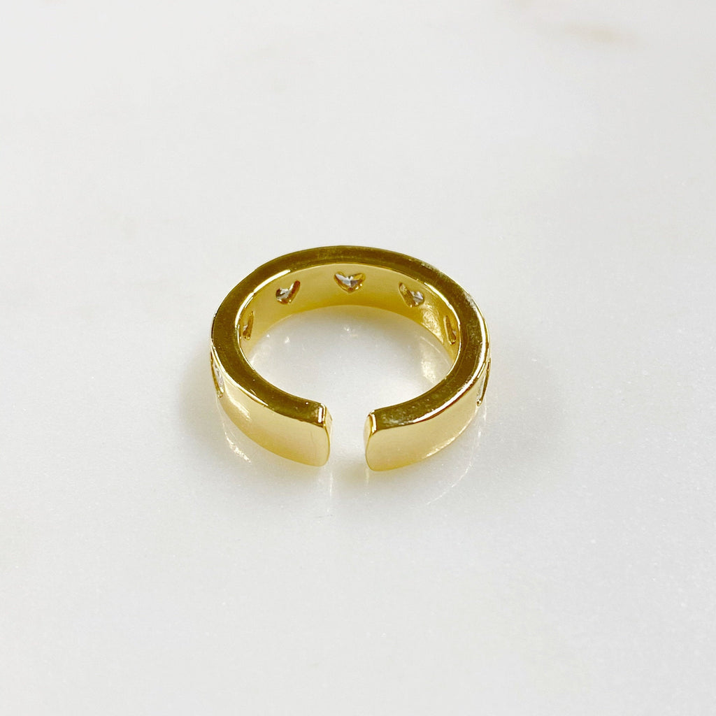 Gold Plated Adjustable Thick Gold Heart Ring Ready to Wear CZ Pavé