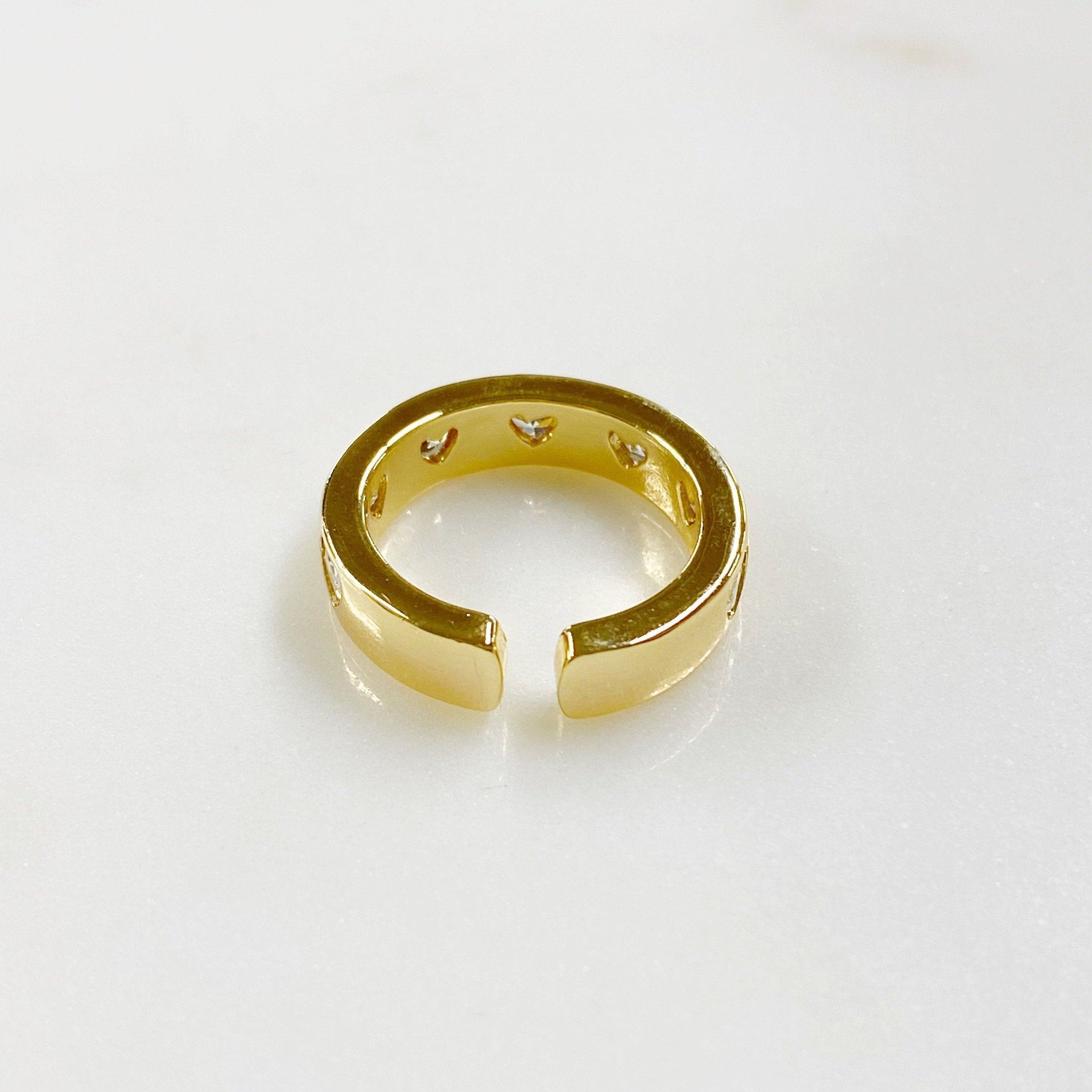 Gold Plated Adjustable Thick Gold Heart Ring Ready to Wear CZ Pavé