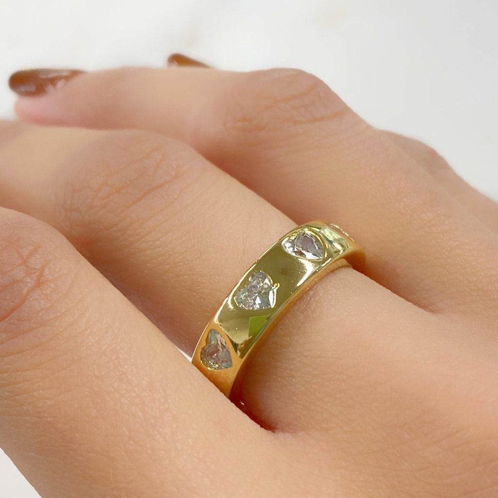Gold Plated Adjustable Thick Gold Heart Ring Ready to Wear CZ Pavé