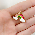 Gold Plated Rainbow Charm with Clouds Fun Colorful Gold Rainbow