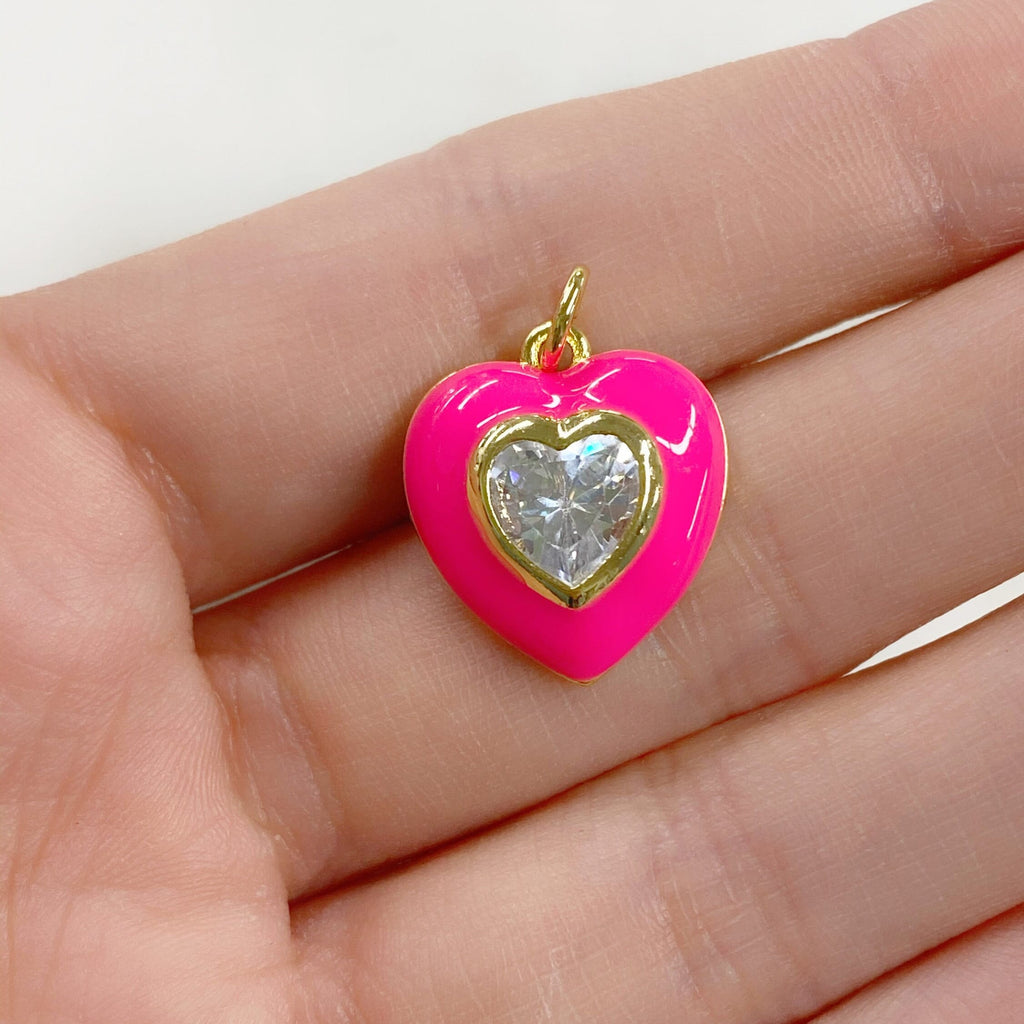 Gold Plated Heart Charm Enamel Charm with Large CZ Center Stone