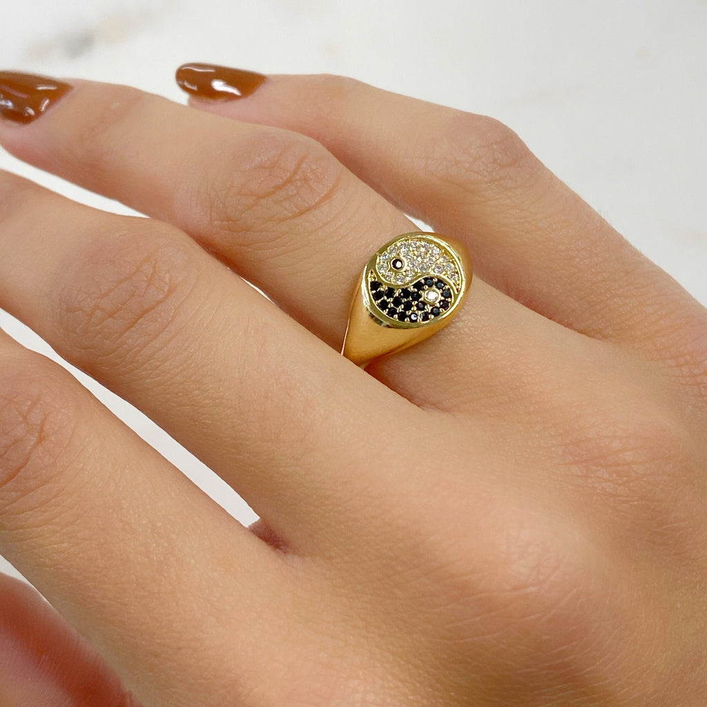 Gold Plated Adjustable Yin and Yang Gold Ring Ready to Wear CZ Pavé
