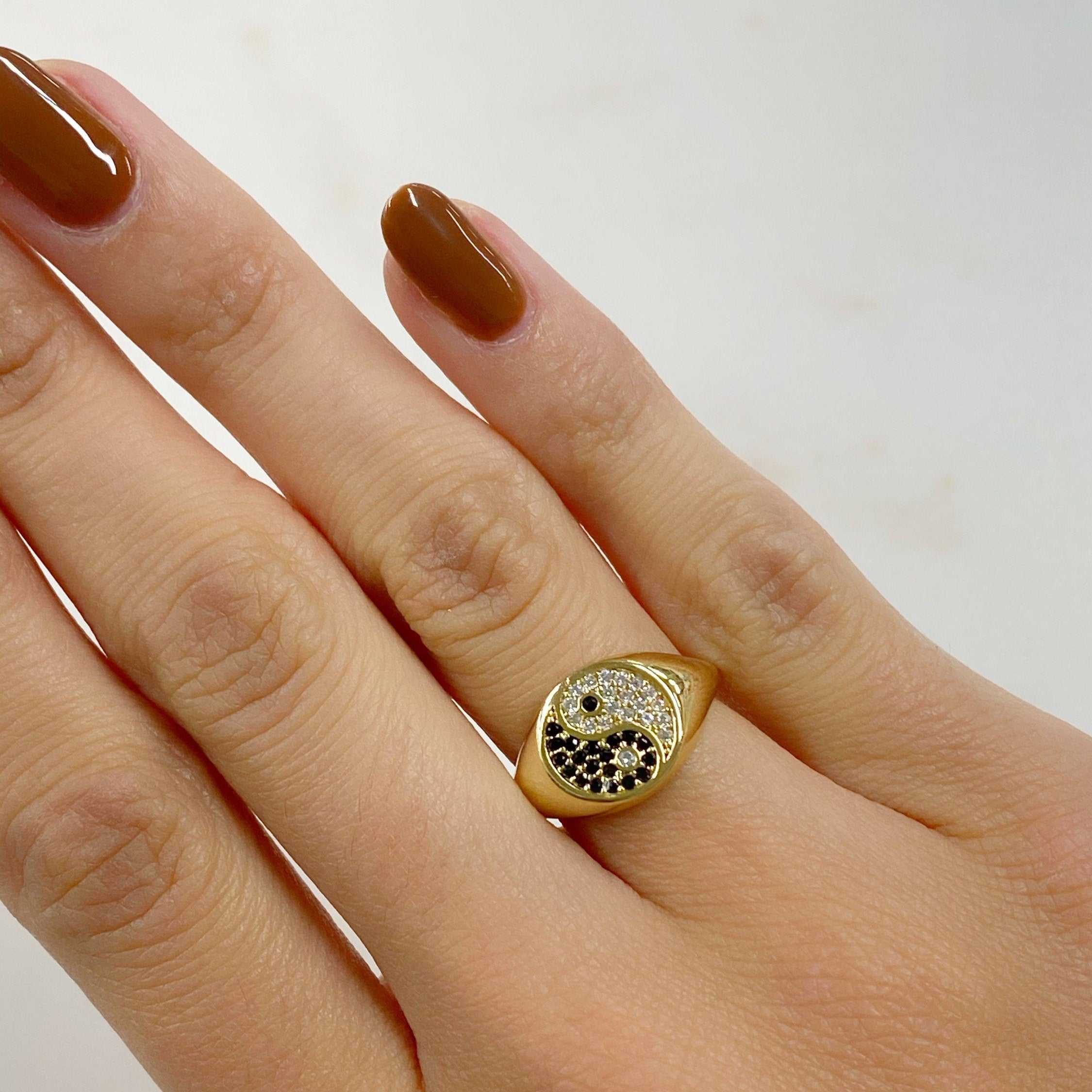 Gold Plated Adjustable Yin and Yang Gold Ring Ready to Wear CZ Pavé