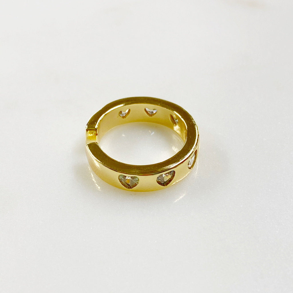 Gold Plated Adjustable Thick Gold Heart Ring Ready to Wear CZ Pavé