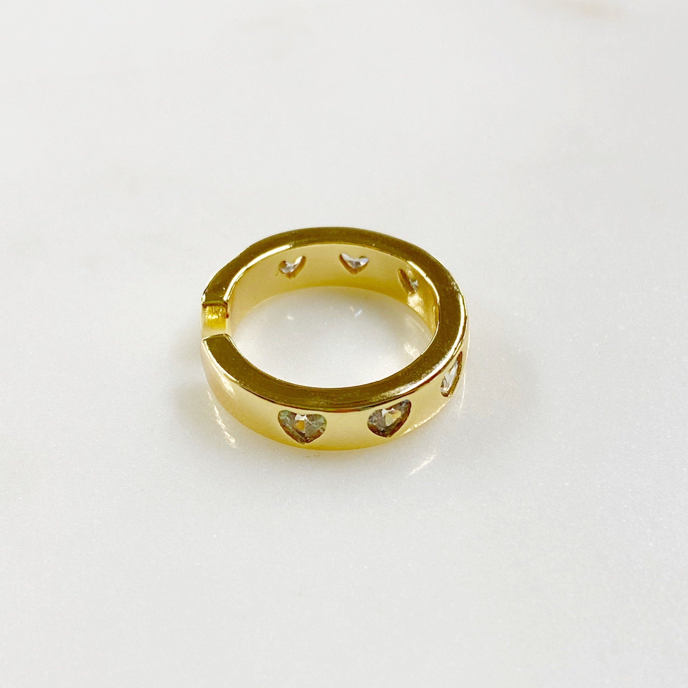 Gold Plated Adjustable Thick Gold Heart Ring Ready to Wear CZ Pavé