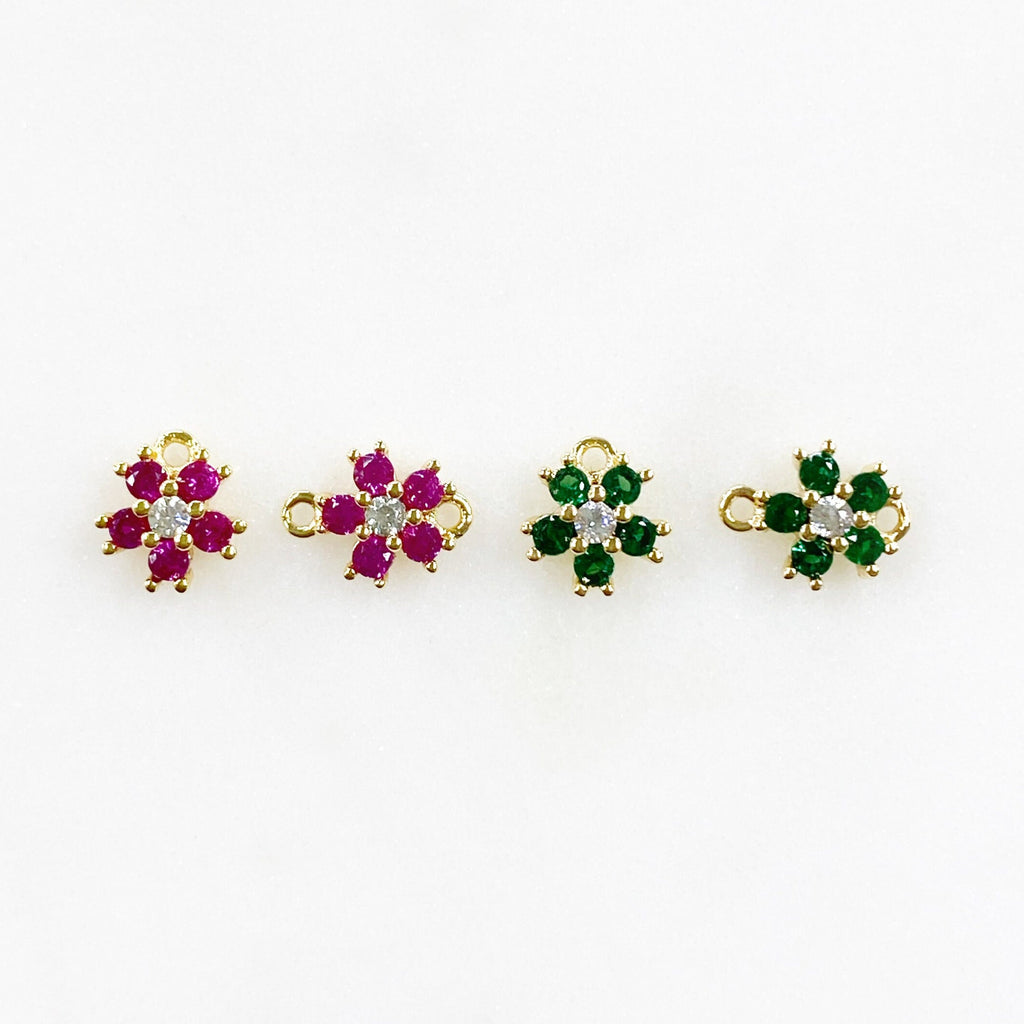 Gold Plated Tiny Cubic Zirconia Pavé Green or Ruby Flower Charm